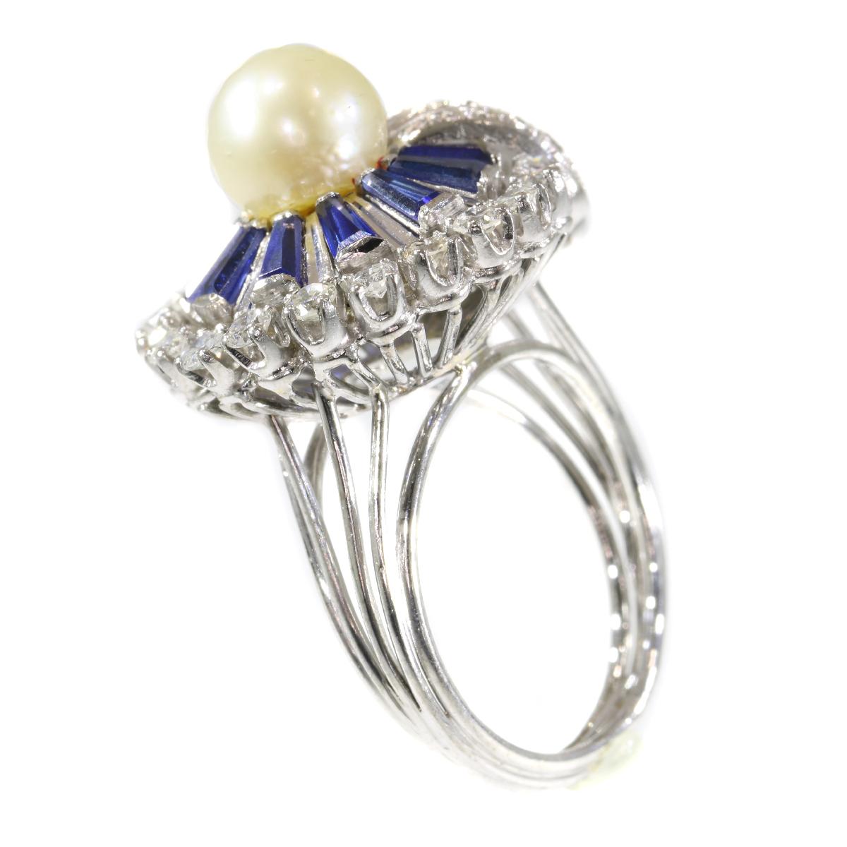Vintage Platinum Diamond Sapphire and Pearl Cocktail Ring For Sale 5