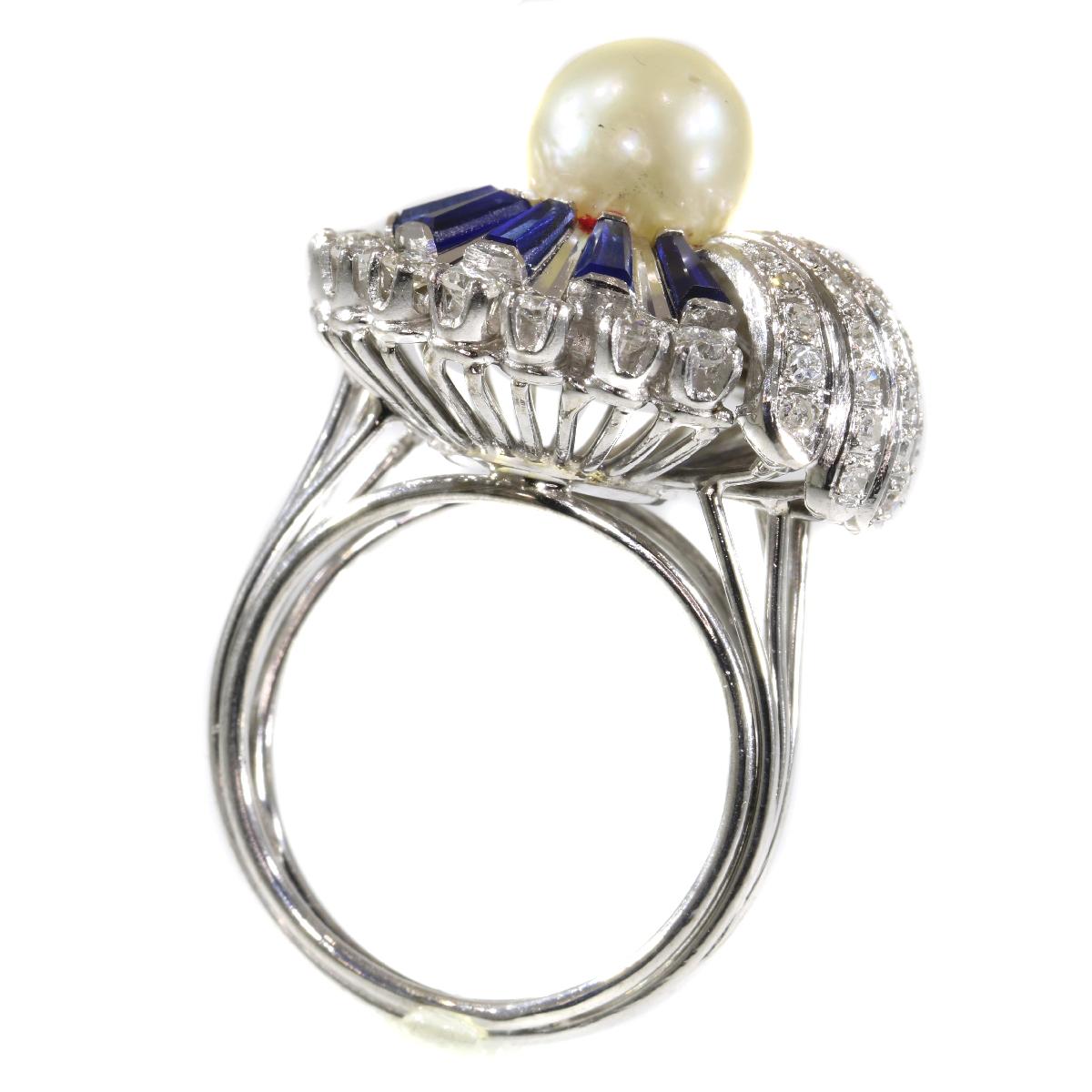 Vintage Platinum Diamond Sapphire and Pearl Cocktail Ring For Sale 6