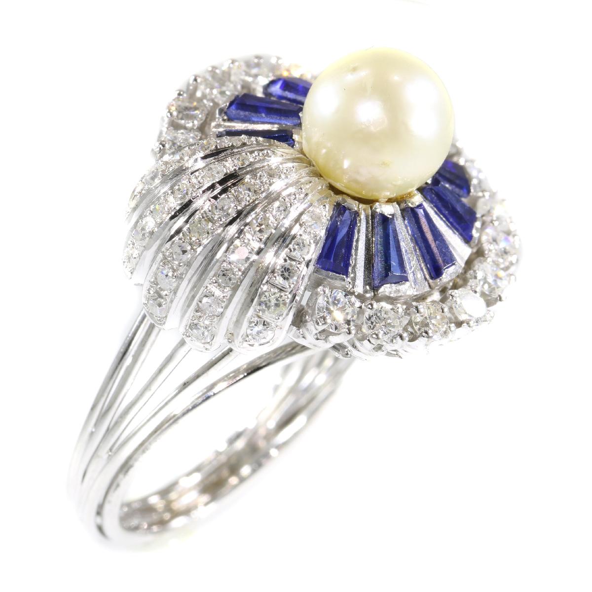 Vintage Platinum Diamond Sapphire and Pearl Cocktail Ring For Sale 8
