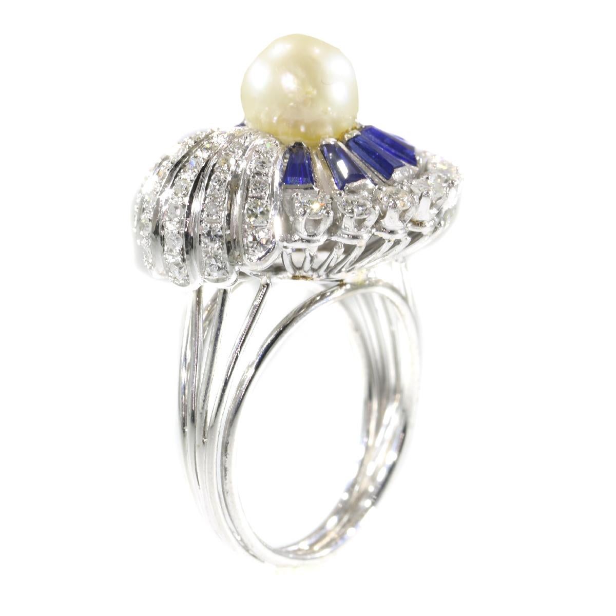 Retro Vintage Platinum Diamond Sapphire and Pearl Cocktail Ring For Sale