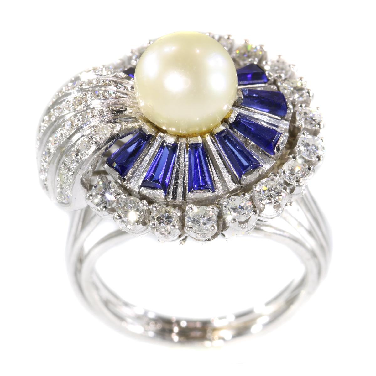 Women's Vintage Platinum Diamond Sapphire and Pearl Cocktail Ring For Sale