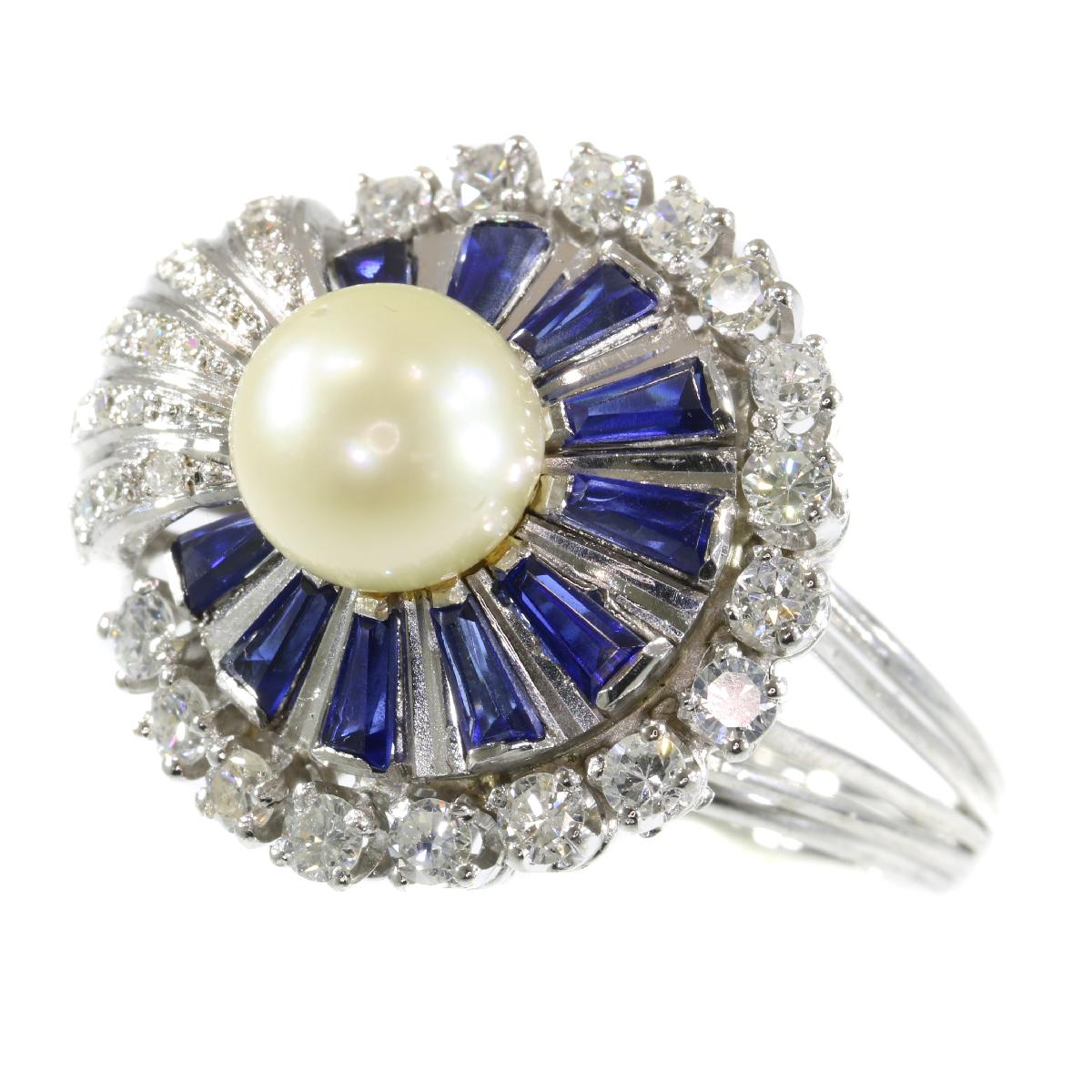 Vintage Platinum Diamond Sapphire and Pearl Cocktail Ring For Sale 1