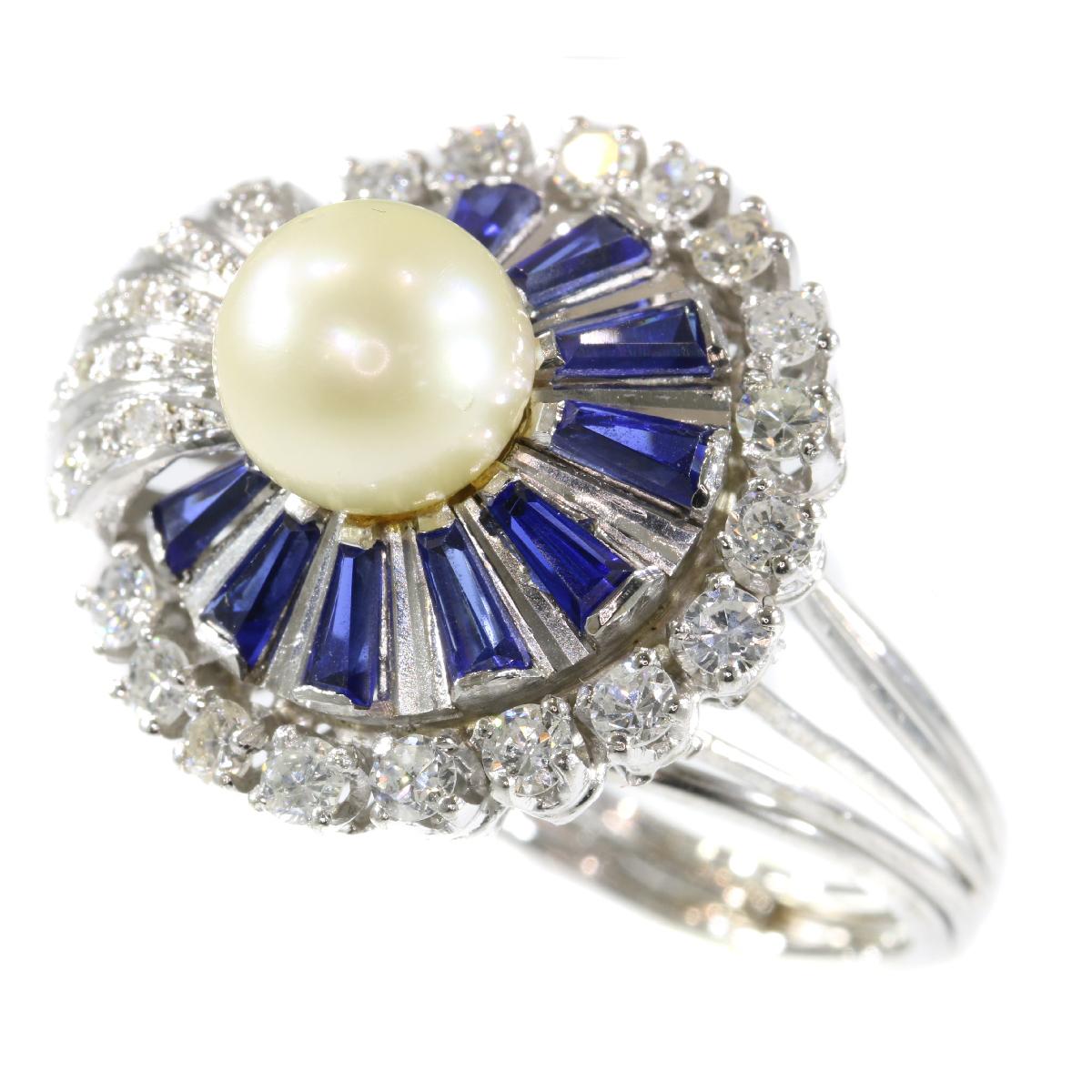 Vintage Platinum Diamond Sapphire and Pearl Cocktail Ring For Sale 2