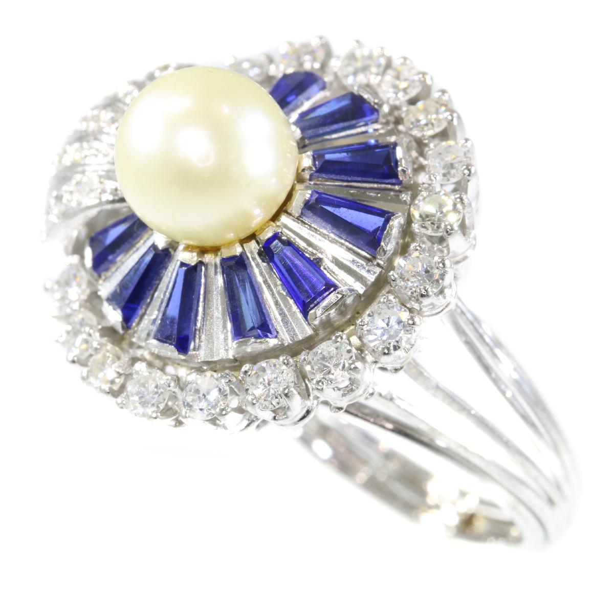 Vintage Platinum Diamond Sapphire and Pearl Cocktail Ring For Sale 3