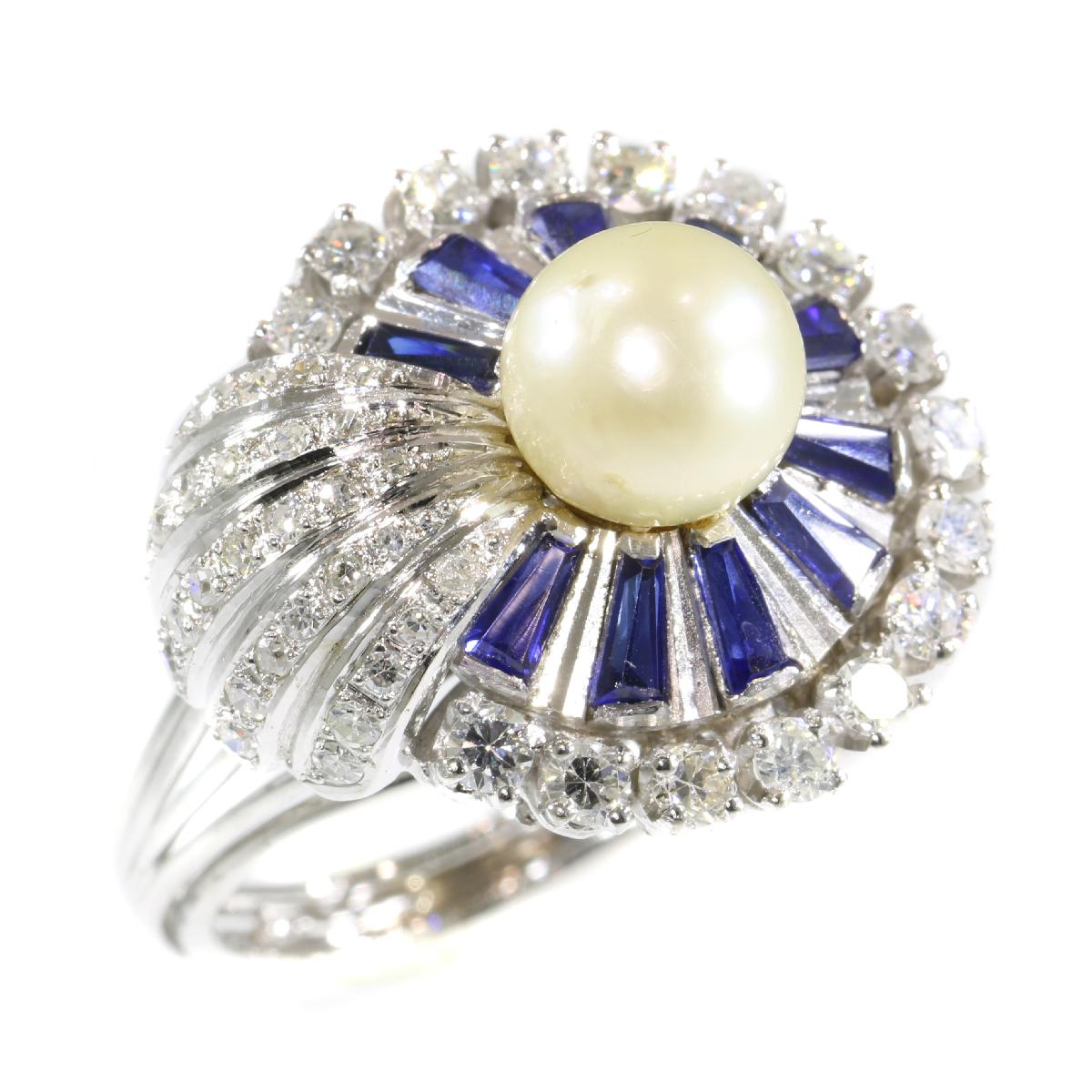 Vintage Platinum Diamond Sapphire and Pearl Cocktail Ring For Sale