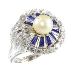 Retro Platinum Diamond Sapphire and Pearl Cocktail Ring