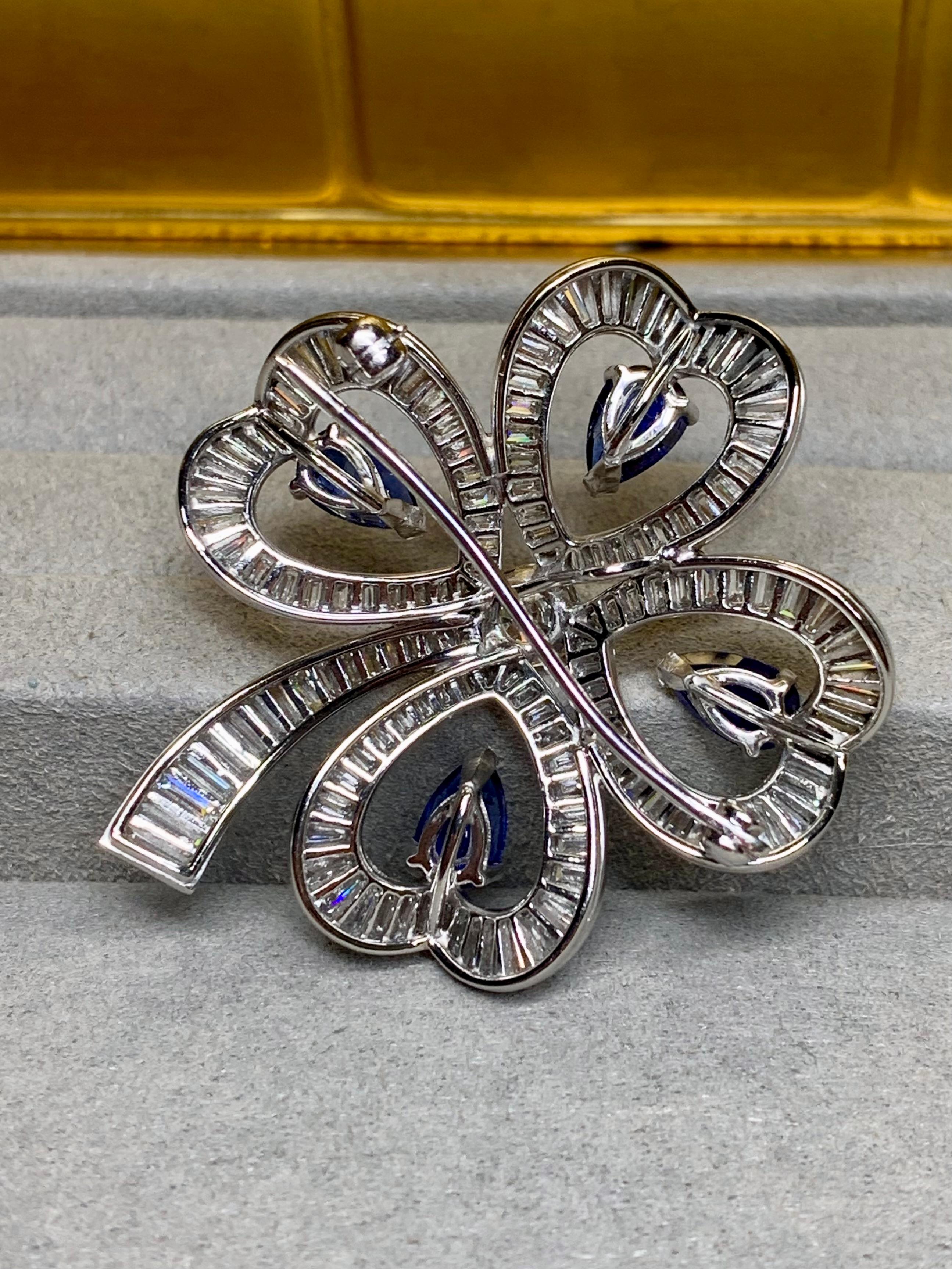 Baguette Cut Vintage Platinum Diamond Sapphire Clover Brooch Pendant BURMA No Heat GIA 12.40c For Sale