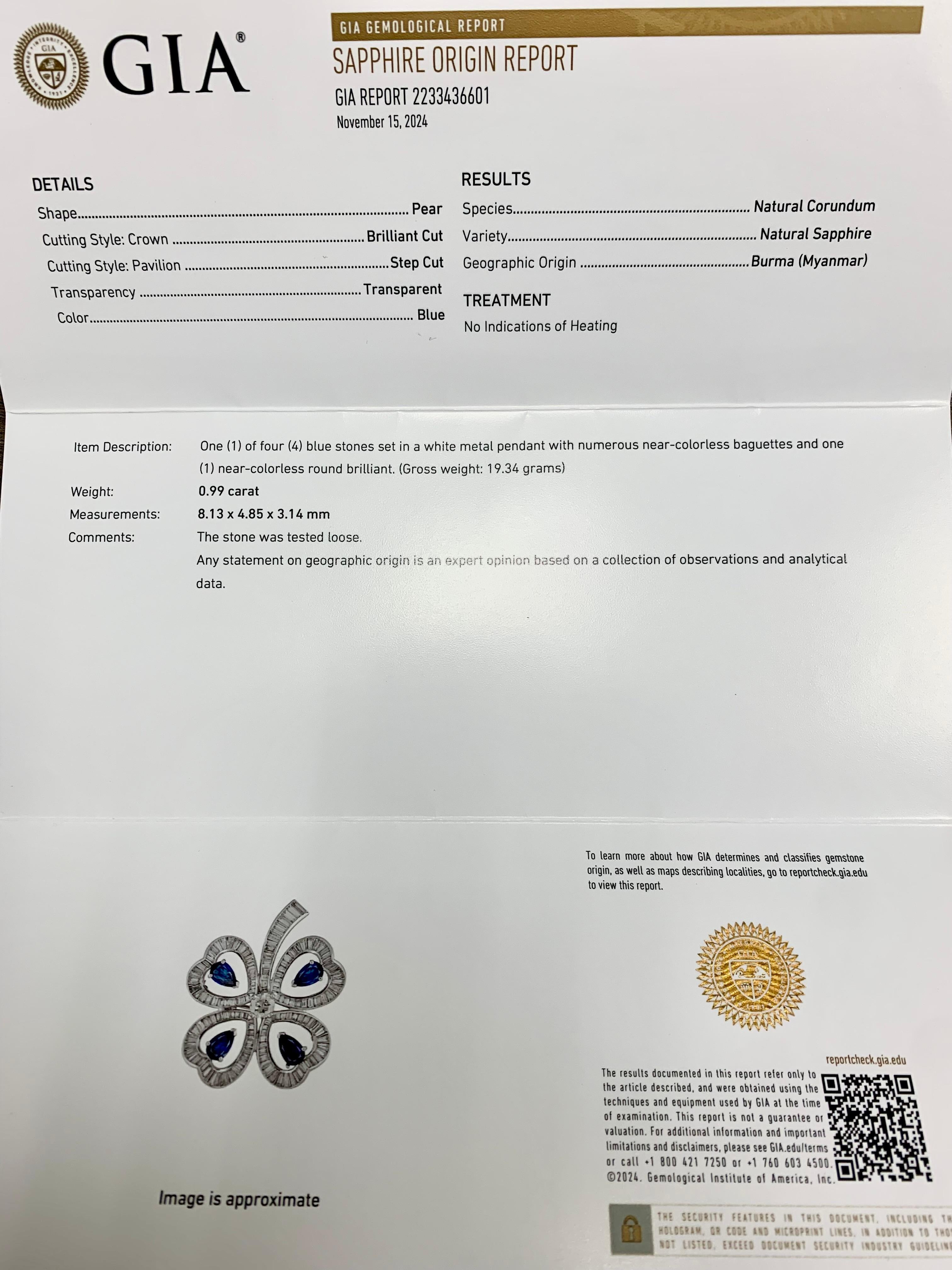 Vintage Platinum Diamond Sapphire Clover Brooch Pendant BURMA No Heat GIA 12.40c For Sale 2