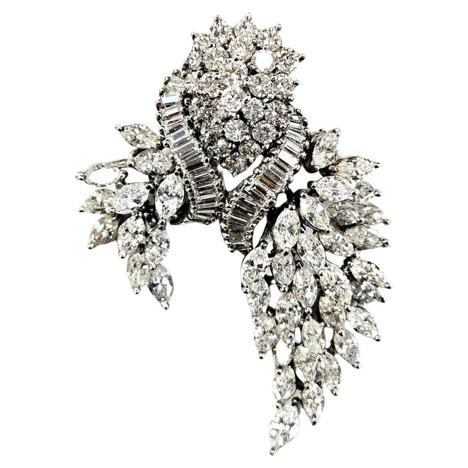 Vintage Platinum Diamond Spray Brooch Articulated Marquise Cascade 10.40 Carats For Sale