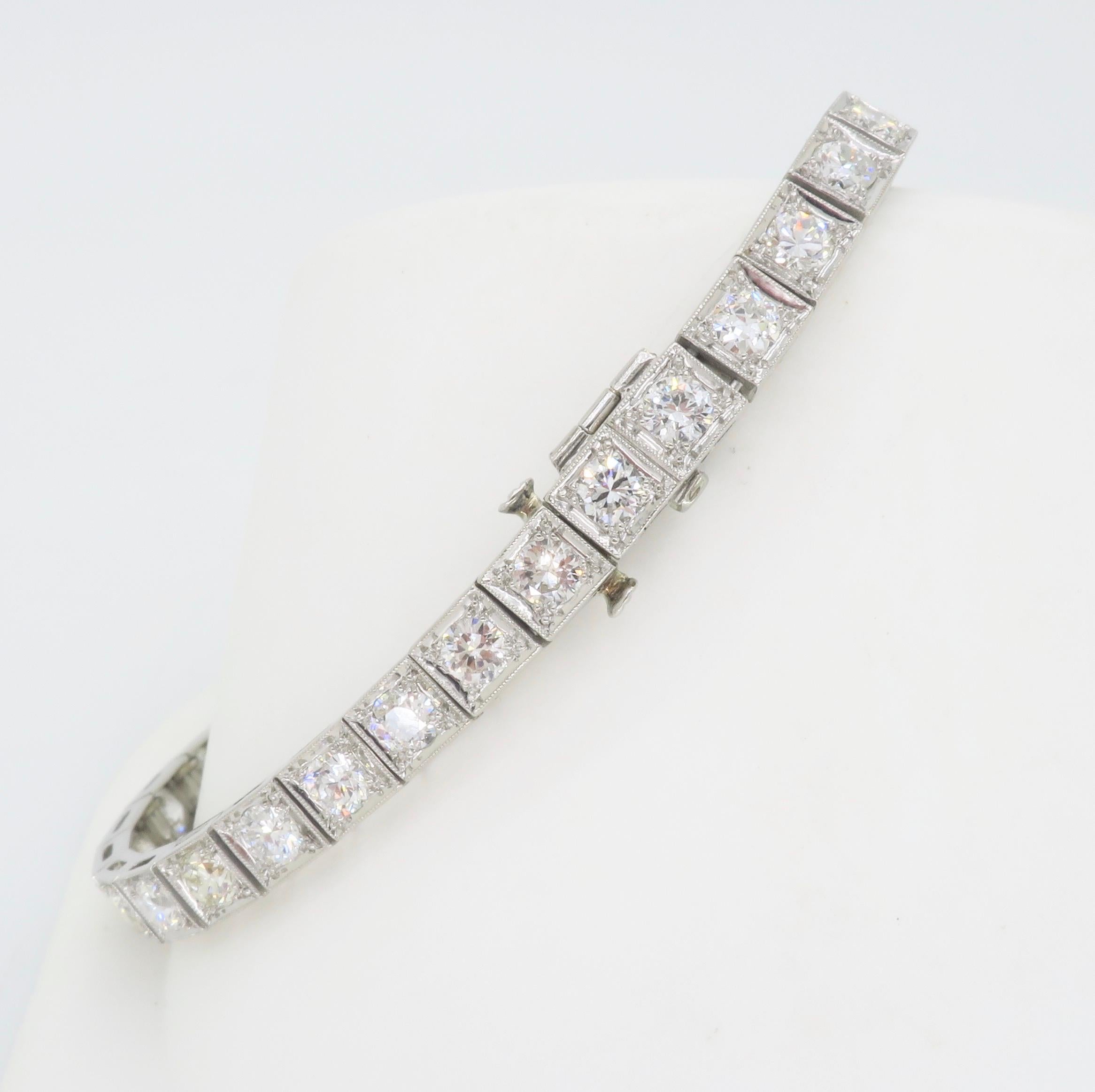 Vintage Platinum Diamond Tennis Bracelet In Excellent Condition In Webster, NY
