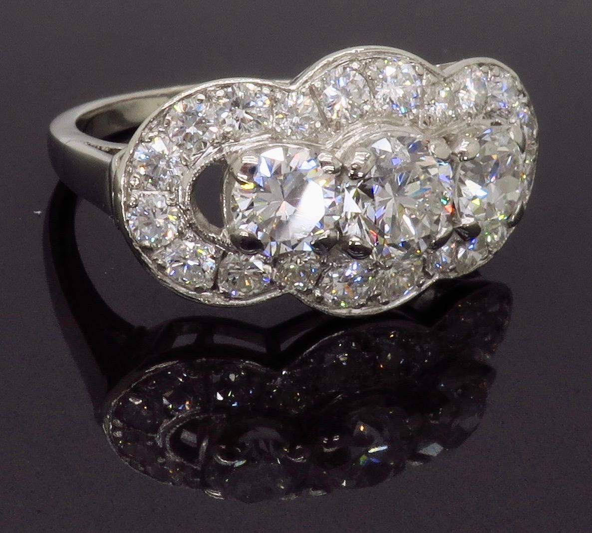 Women's Vintage Platinum Diamond Three-Stone Halo Ring