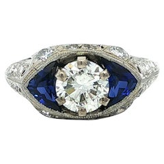 Vintage Platinum Diamond w/ Marquise Sapphire Sideways Filigree Engagement Ring
