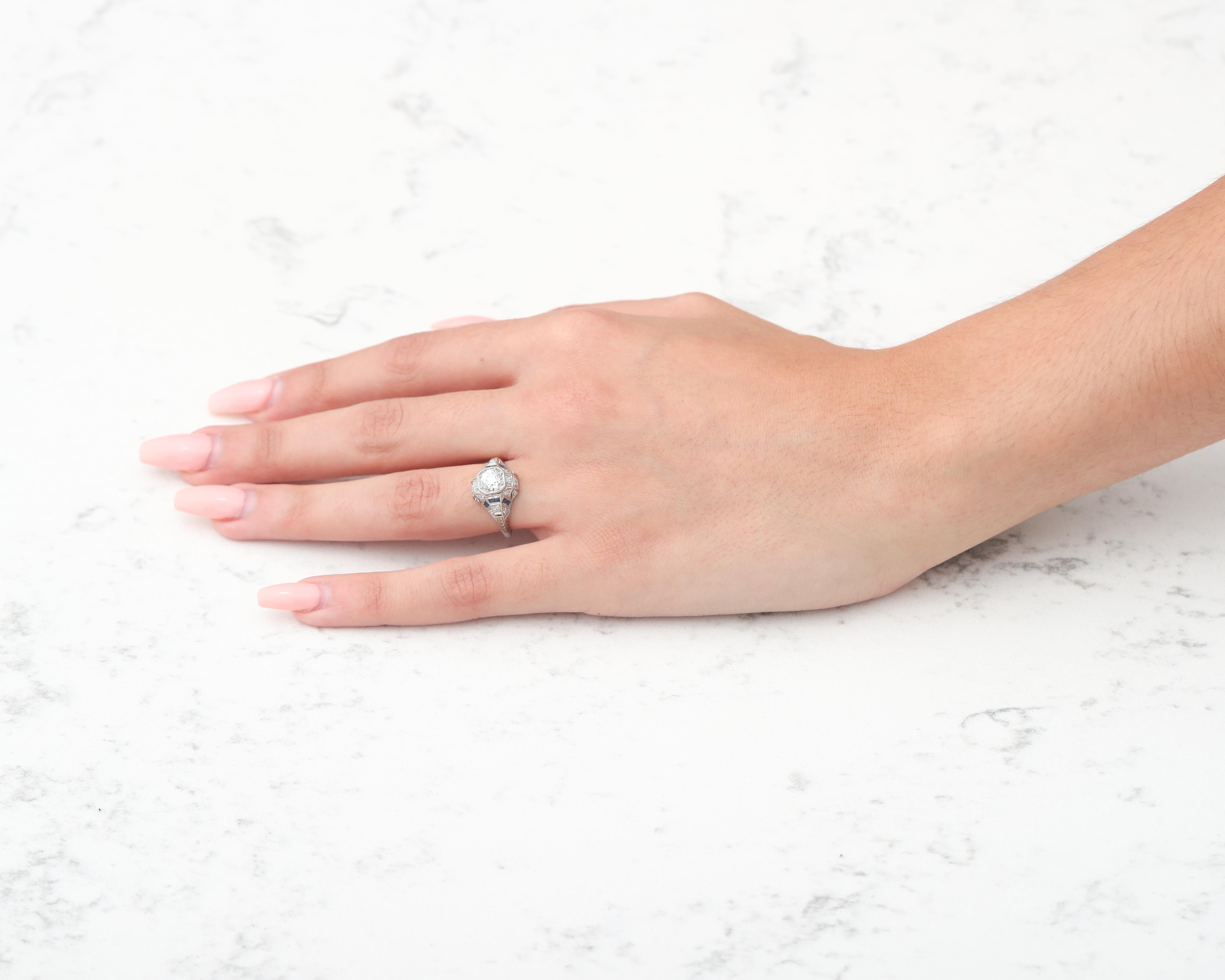 Vintage Platinum Diamond with Sapphire Accents Art Deco Engagement Ring 2