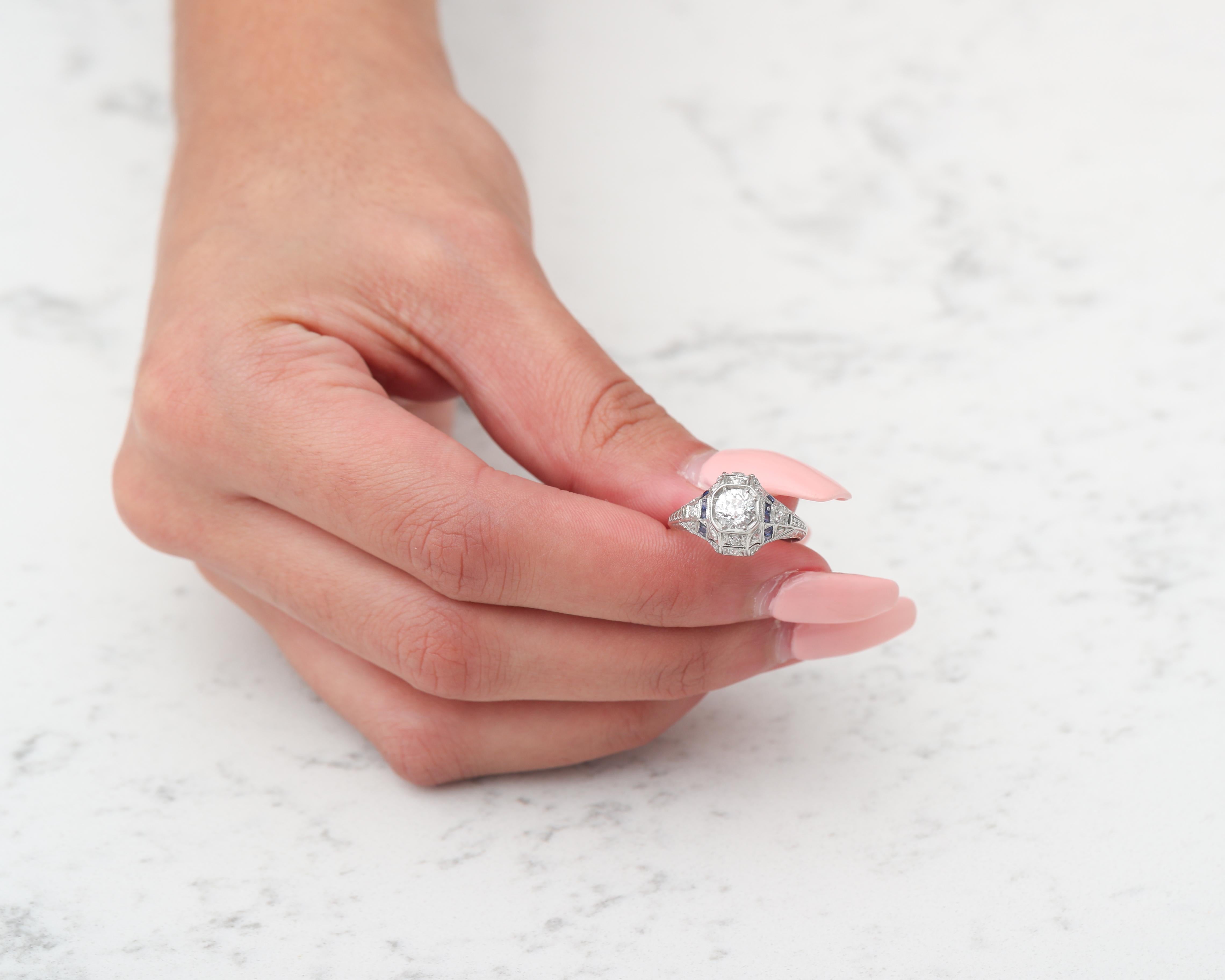 Vintage Platinum Diamond with Sapphire Accents Art Deco Engagement Ring 4