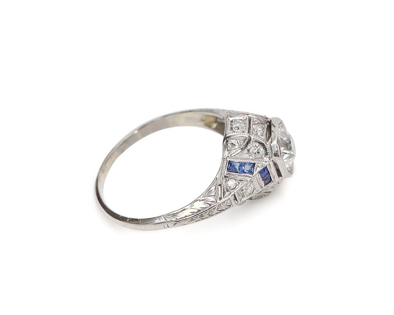Vintage Platinum Diamond with Sapphire Accents Art Deco Engagement Ring