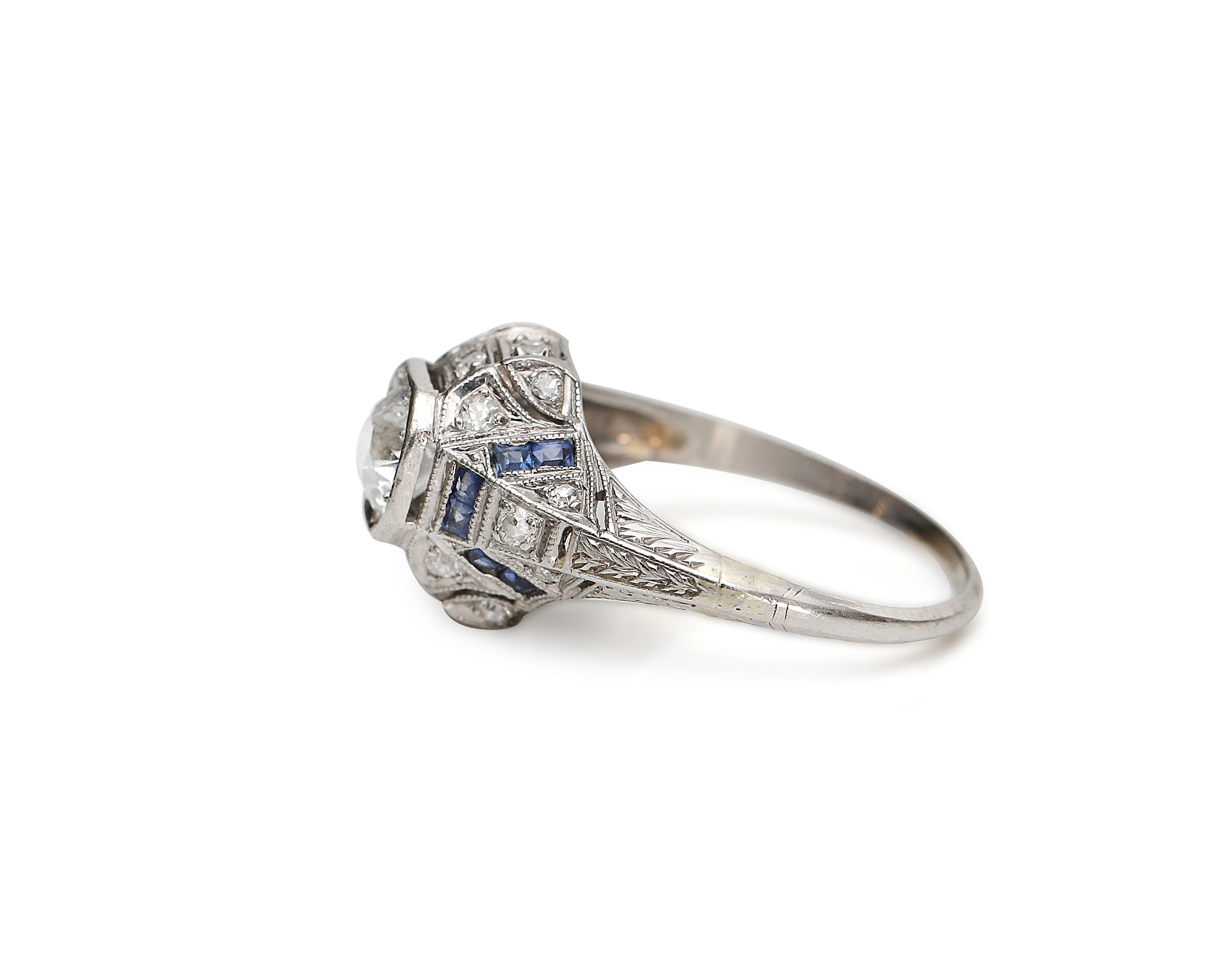 Old European Cut Vintage Platinum Diamond with Sapphire Accents Art Deco Engagement Ring