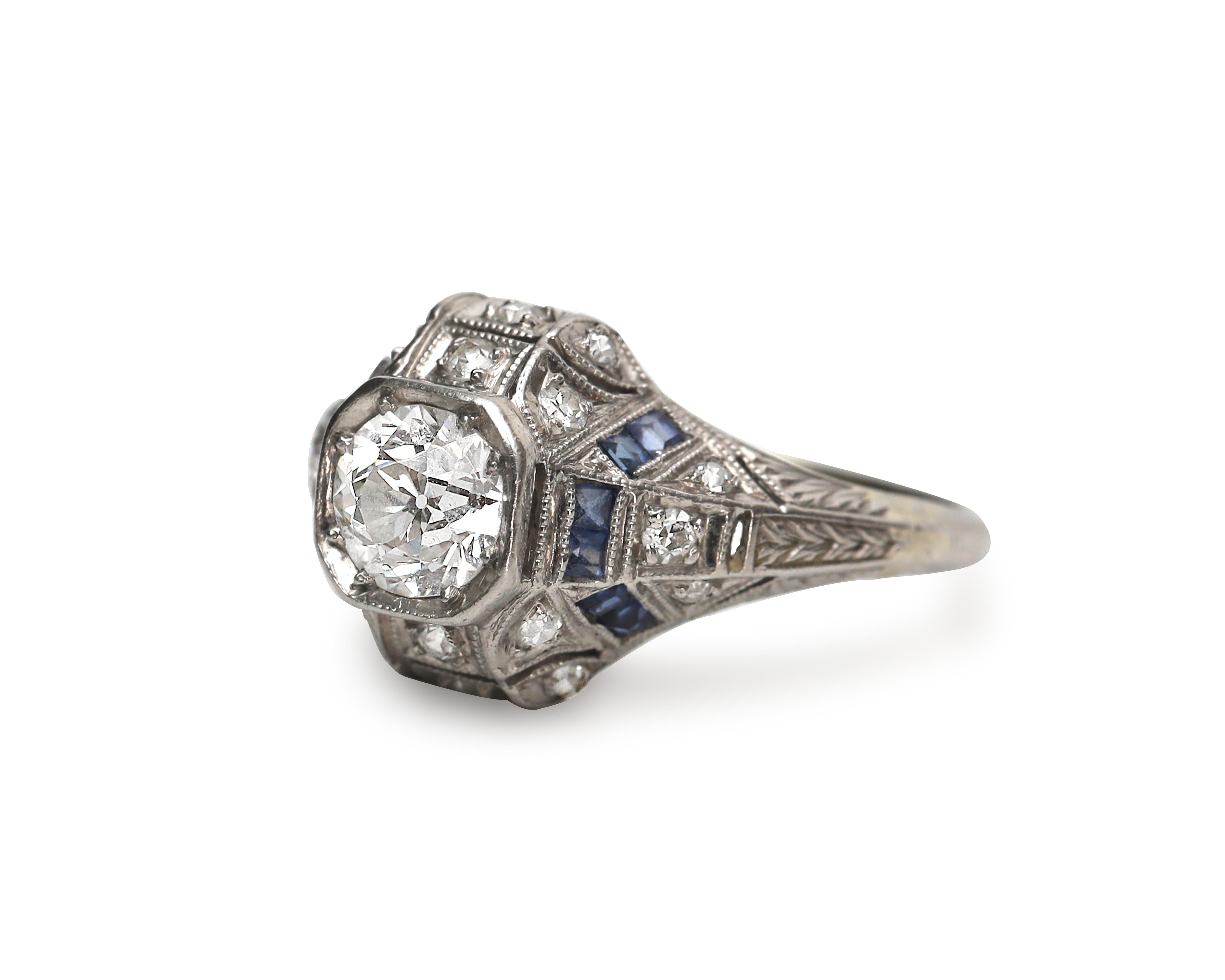 Vintage Platinum Diamond with Sapphire Accents Art Deco Engagement Ring In Good Condition In Addison, TX