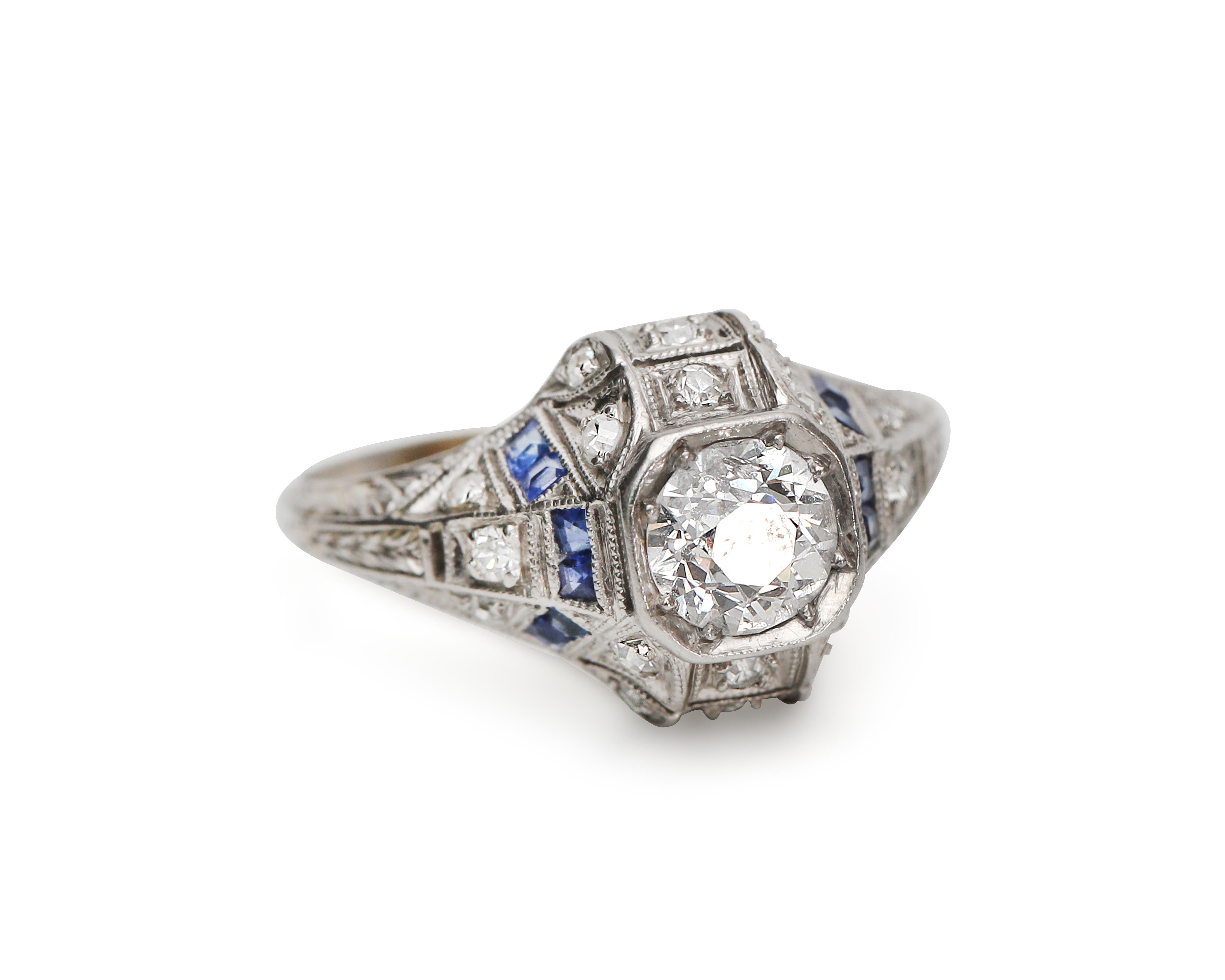 Women's Vintage Platinum Diamond with Sapphire Accents Art Deco Engagement Ring