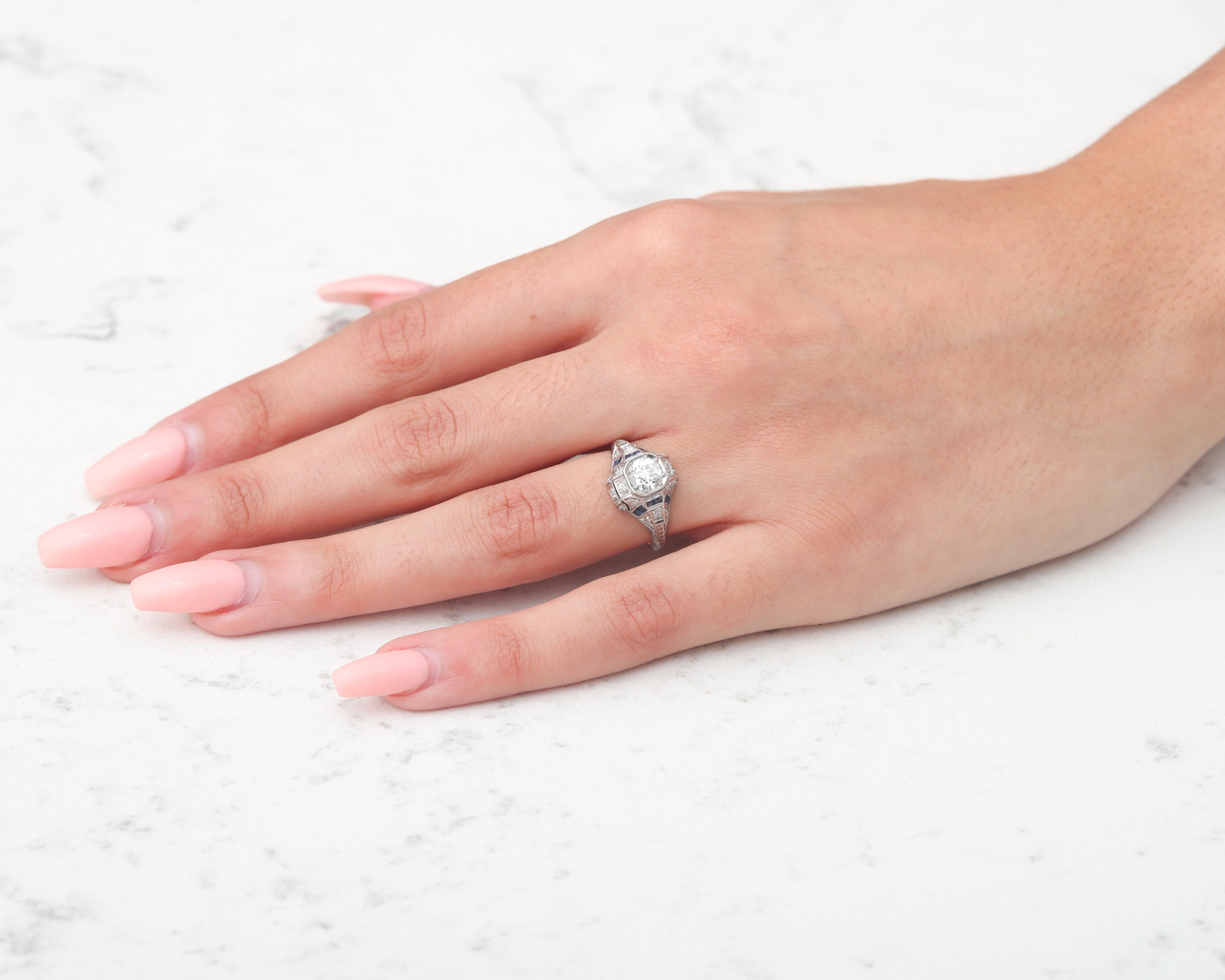 Vintage Platinum Diamond with Sapphire Accents Art Deco Engagement Ring 1