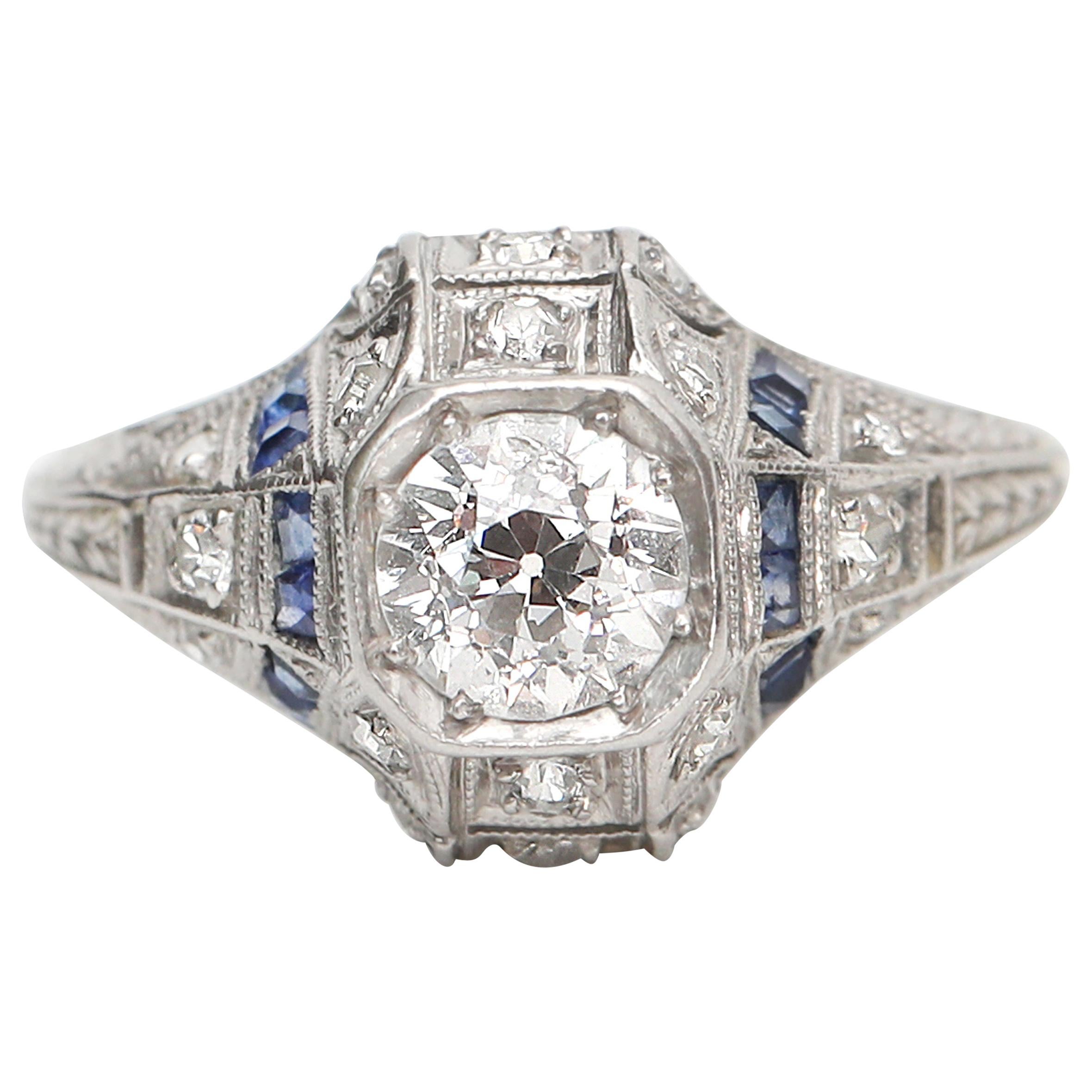 Vintage Platinum Diamond with Sapphire Accents Art Deco Engagement Ring