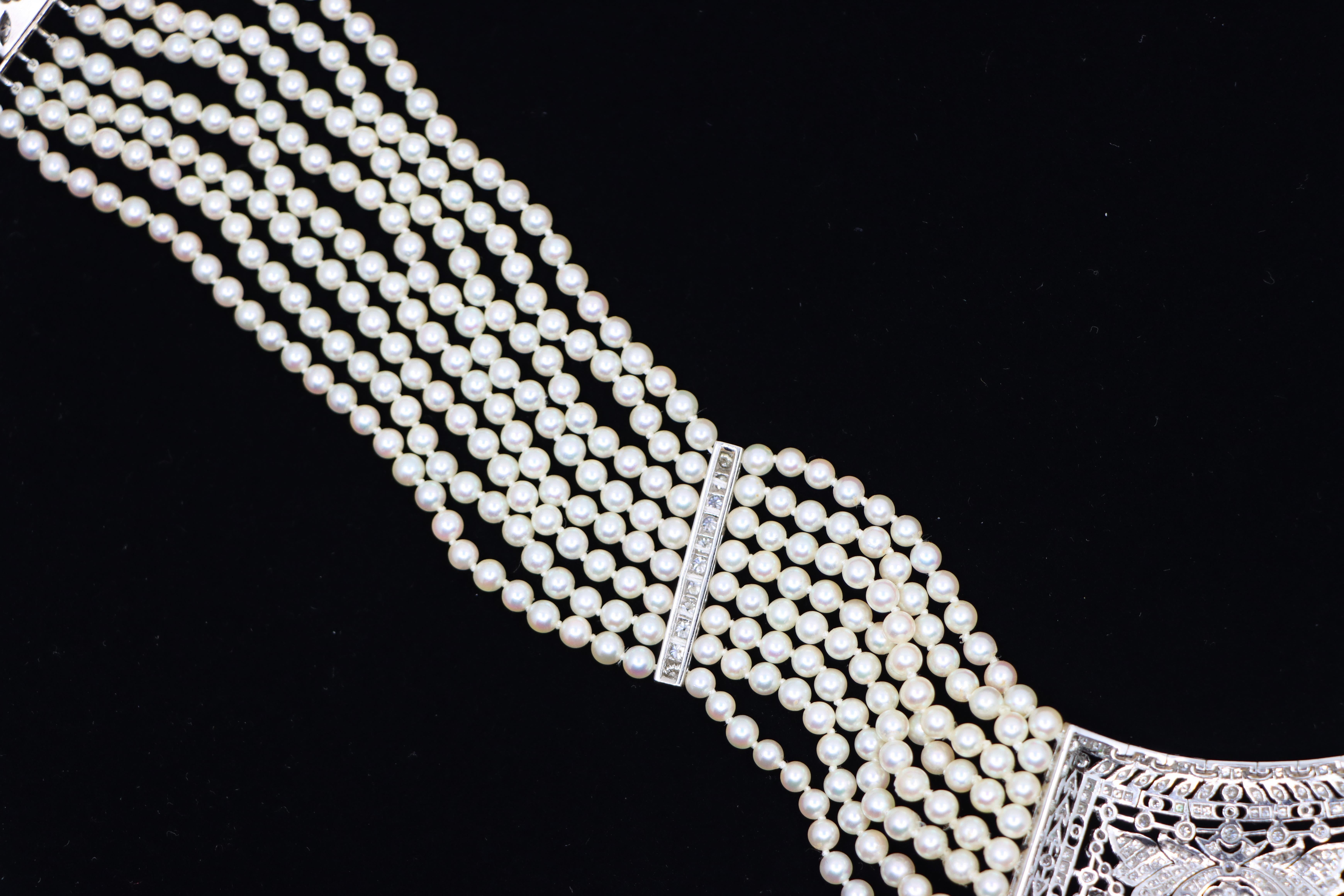 Vintage By, collana di platino con diamanti e perle a più livelli in vendita 7