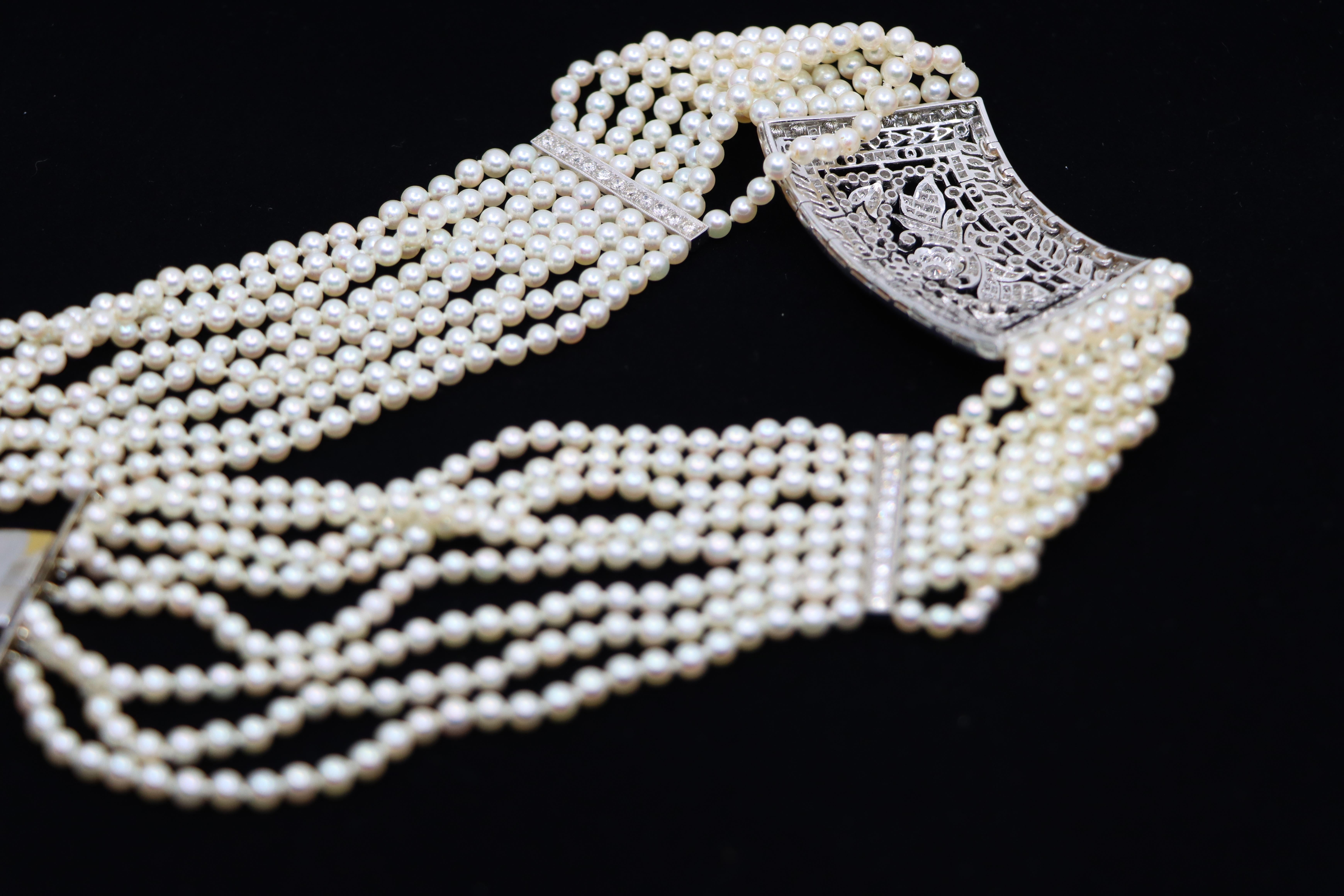 Vintage By, collana di platino con diamanti e perle a più livelli in vendita 9