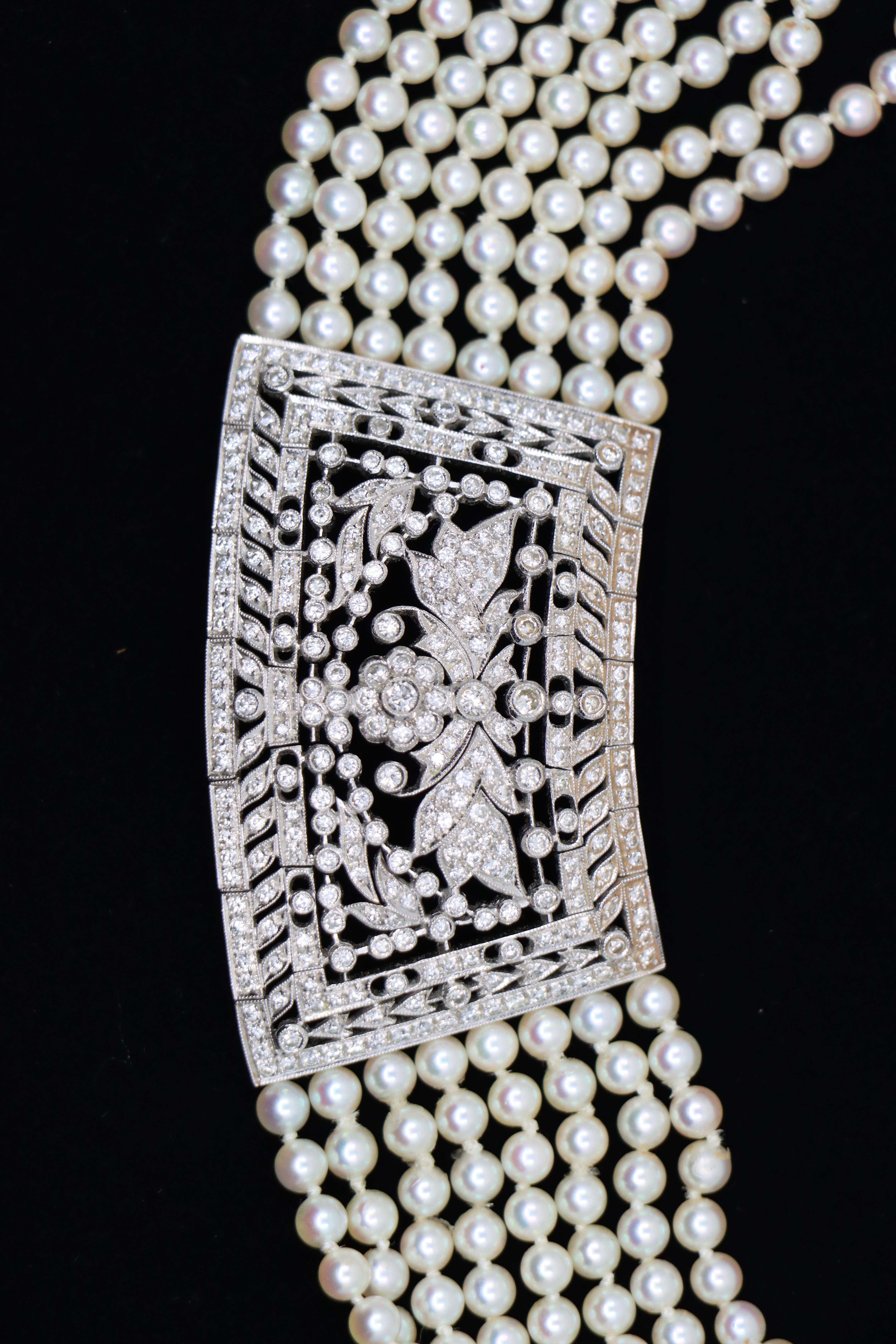 da uomo o donna Vintage By, collana di platino con diamanti e perle a più livelli in vendita