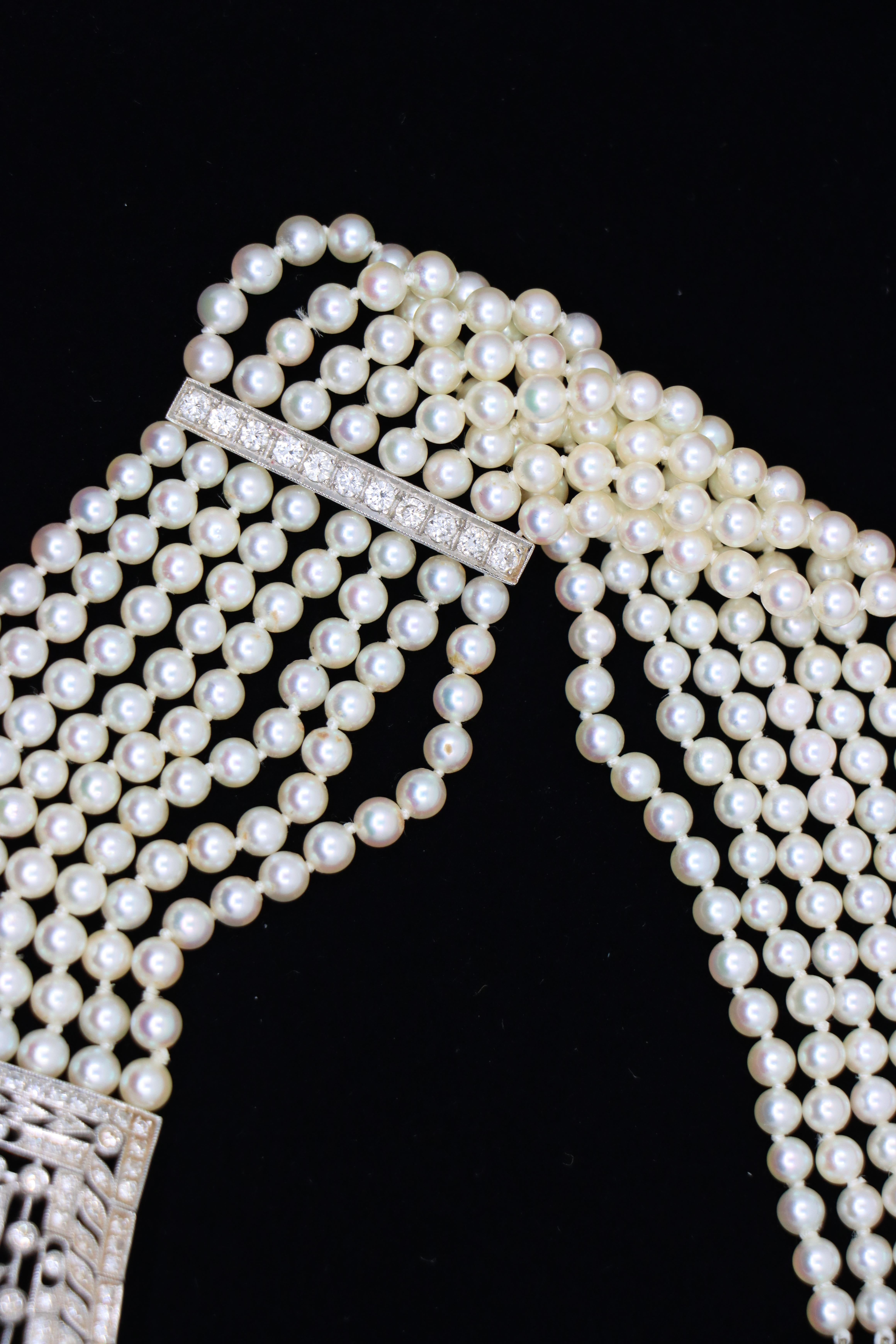 Vintage By, collana di platino con diamanti e perle a più livelli in vendita 3