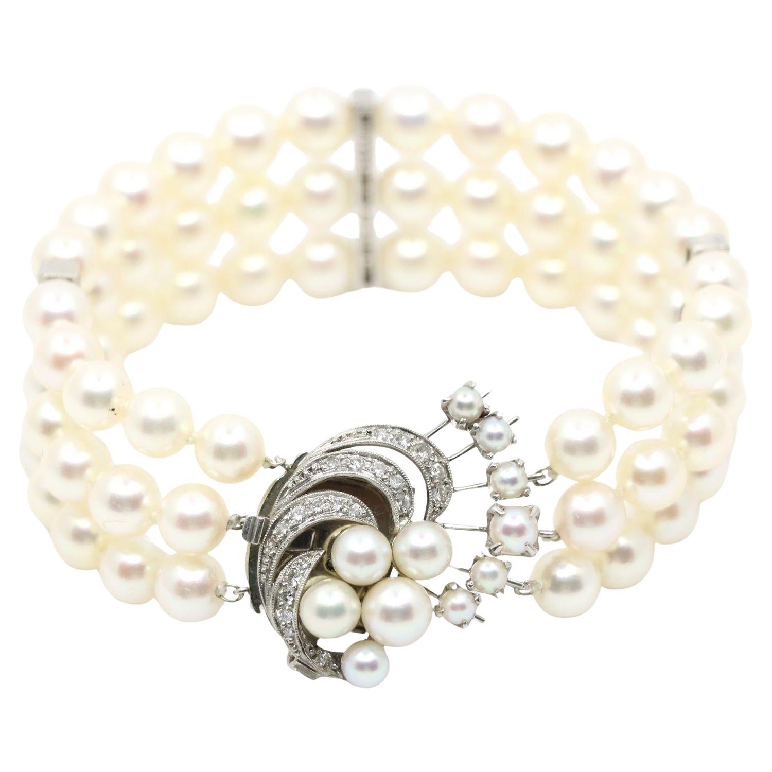 Vintage Platin Diamanten Muti-Strand Pearl Waves Armband