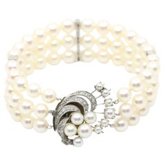 Vintage Platinum Diamonds Muti-Strand Pearl Waves Bracelet