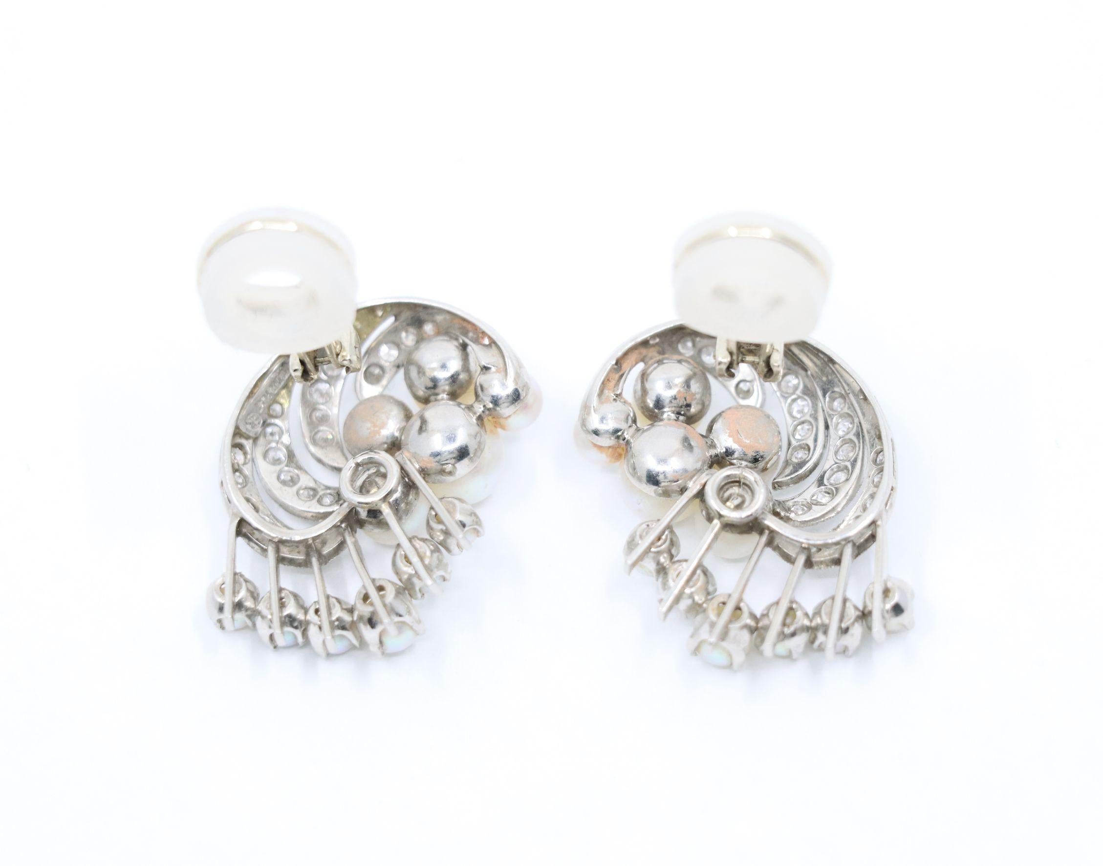 Pendientes vintage de platino y diamantes Olas de perlas en venta 4