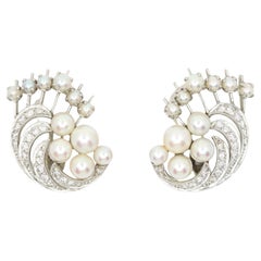 Vintage Platinum Diamonds Pearl Waves Earrings