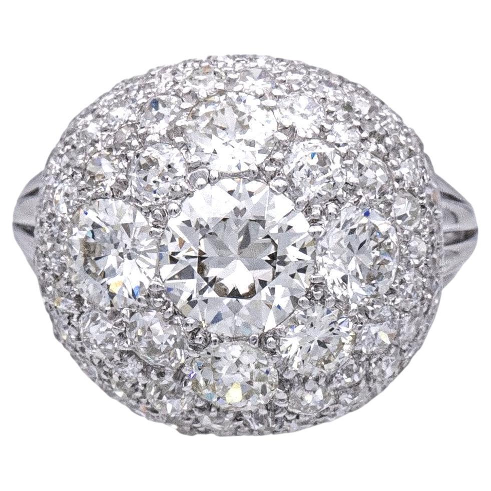 Vintage Platinum Dome Cluster 5.11ct. TW Diamond Cocktail Ring For Sale