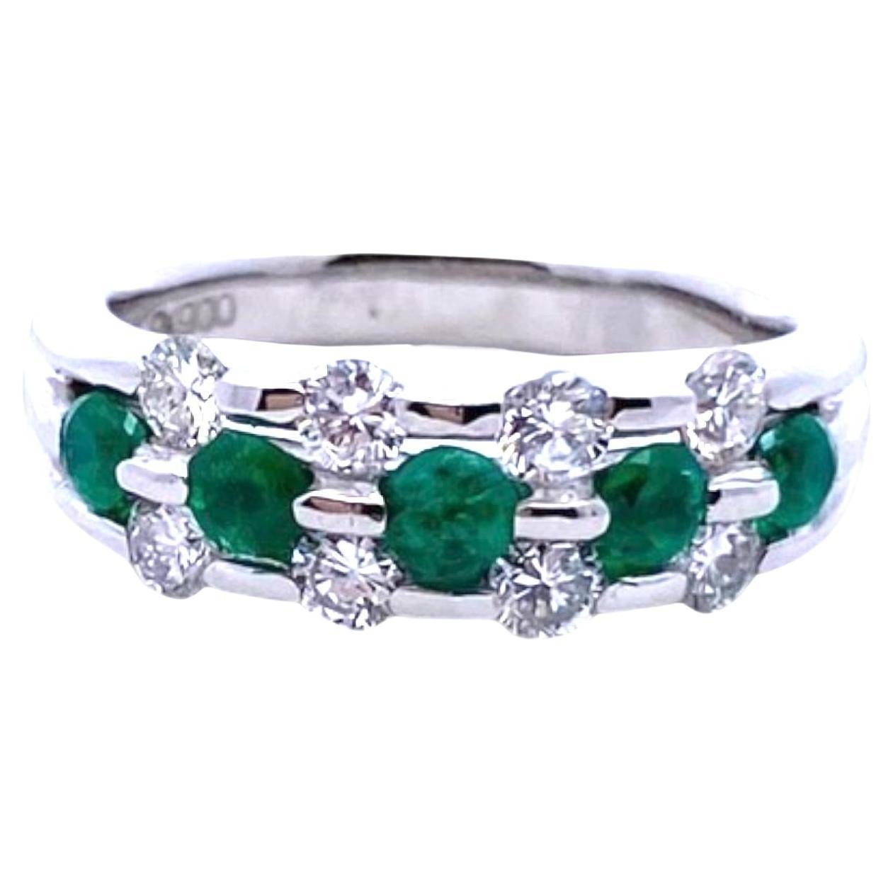Vintage Platinum Emerald and Diamond Band Ring