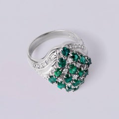 Vintage Platinum Emerald and Diamond Cluster Cocktail Ring