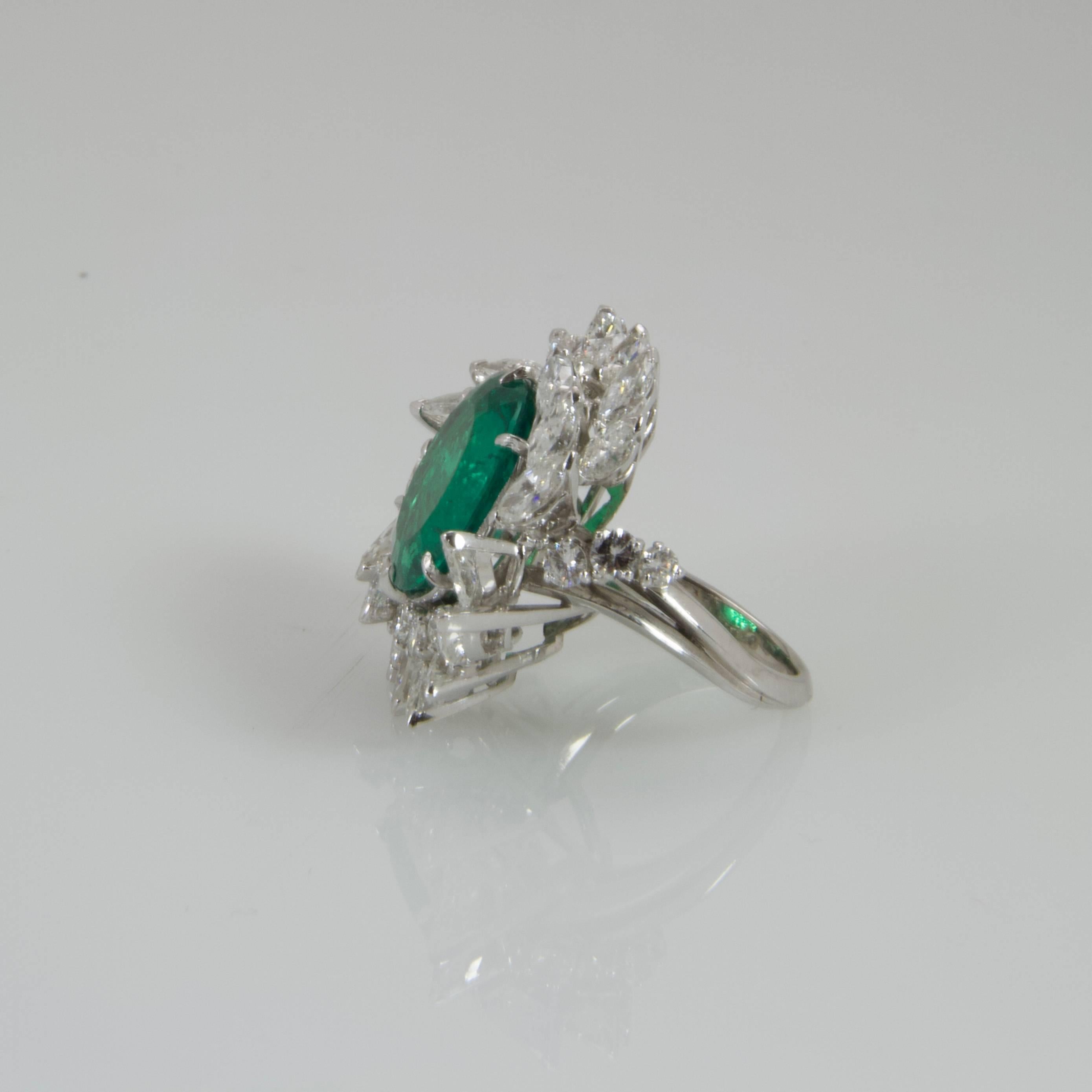 Retro Emerald Diamond Platinum Cocktail Ring For Sale