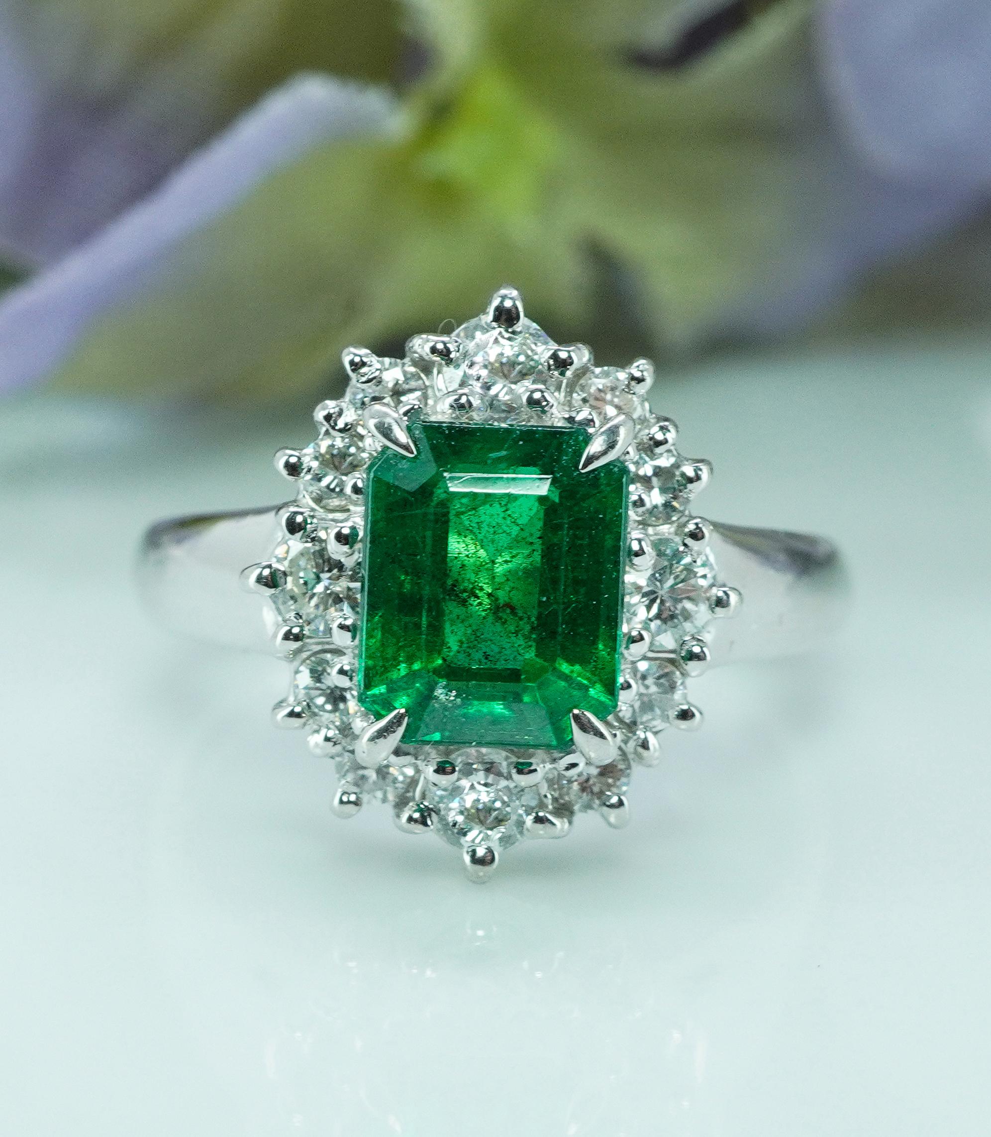 Emerald Cut Vintage Platinum Emerald Diamond Halo Ring Designer Signed H Estate Jewelry For Sale