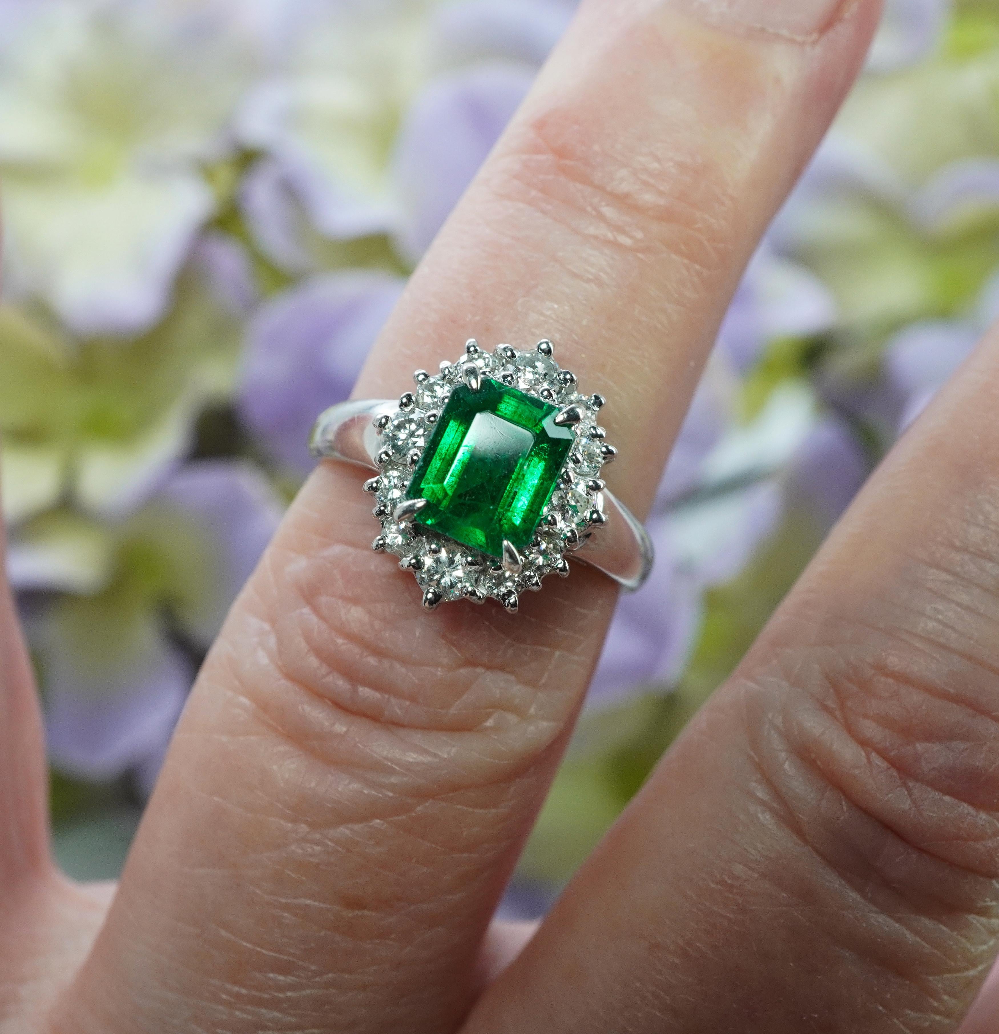 Women's Vintage Platinum Emerald Diamond Halo Ring Designer Signed H Estate Jewelry For Sale