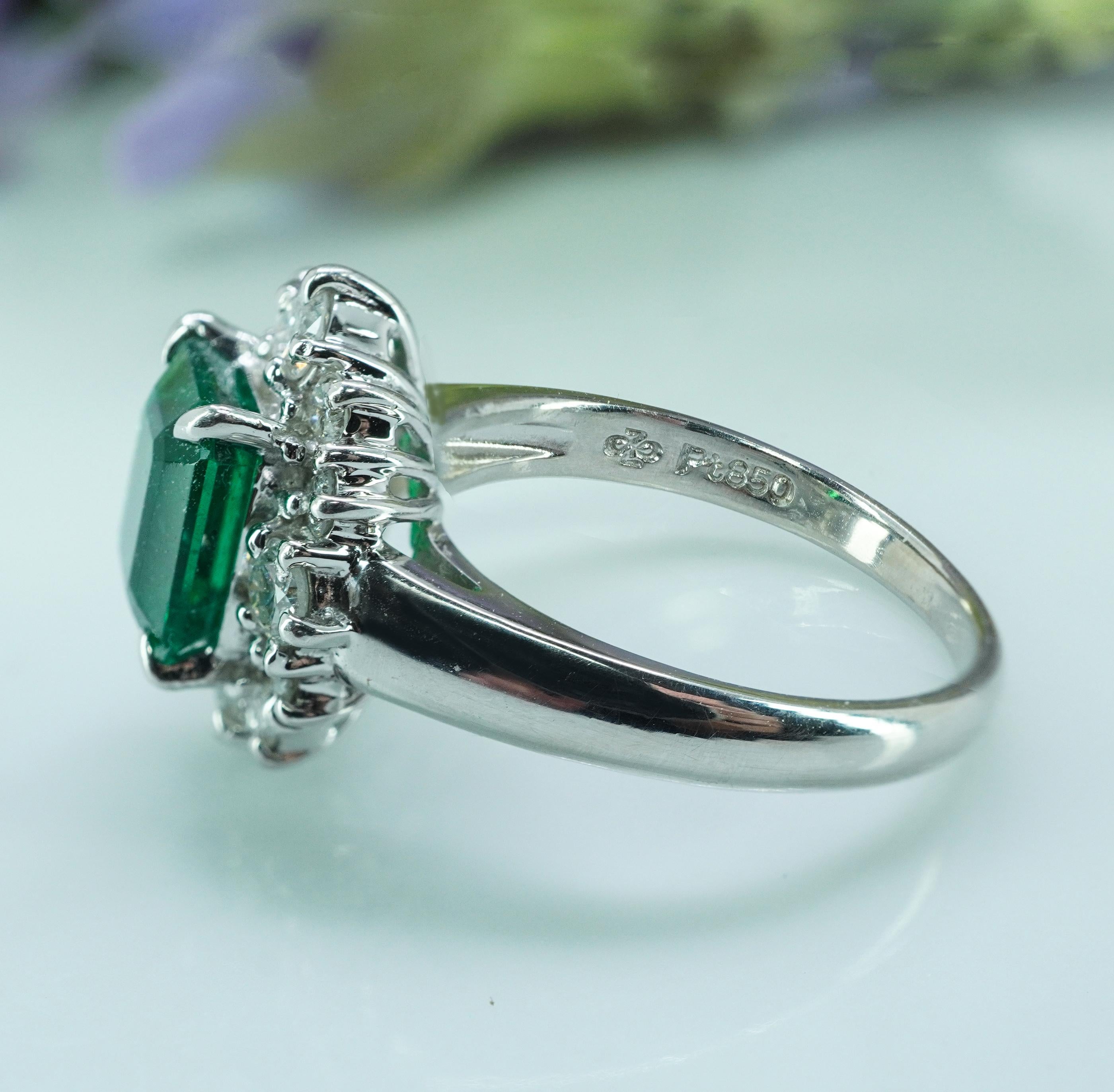 Vintage Platinum Emerald Diamond Halo Ring Designer Signed H Estate Jewelry For Sale 1