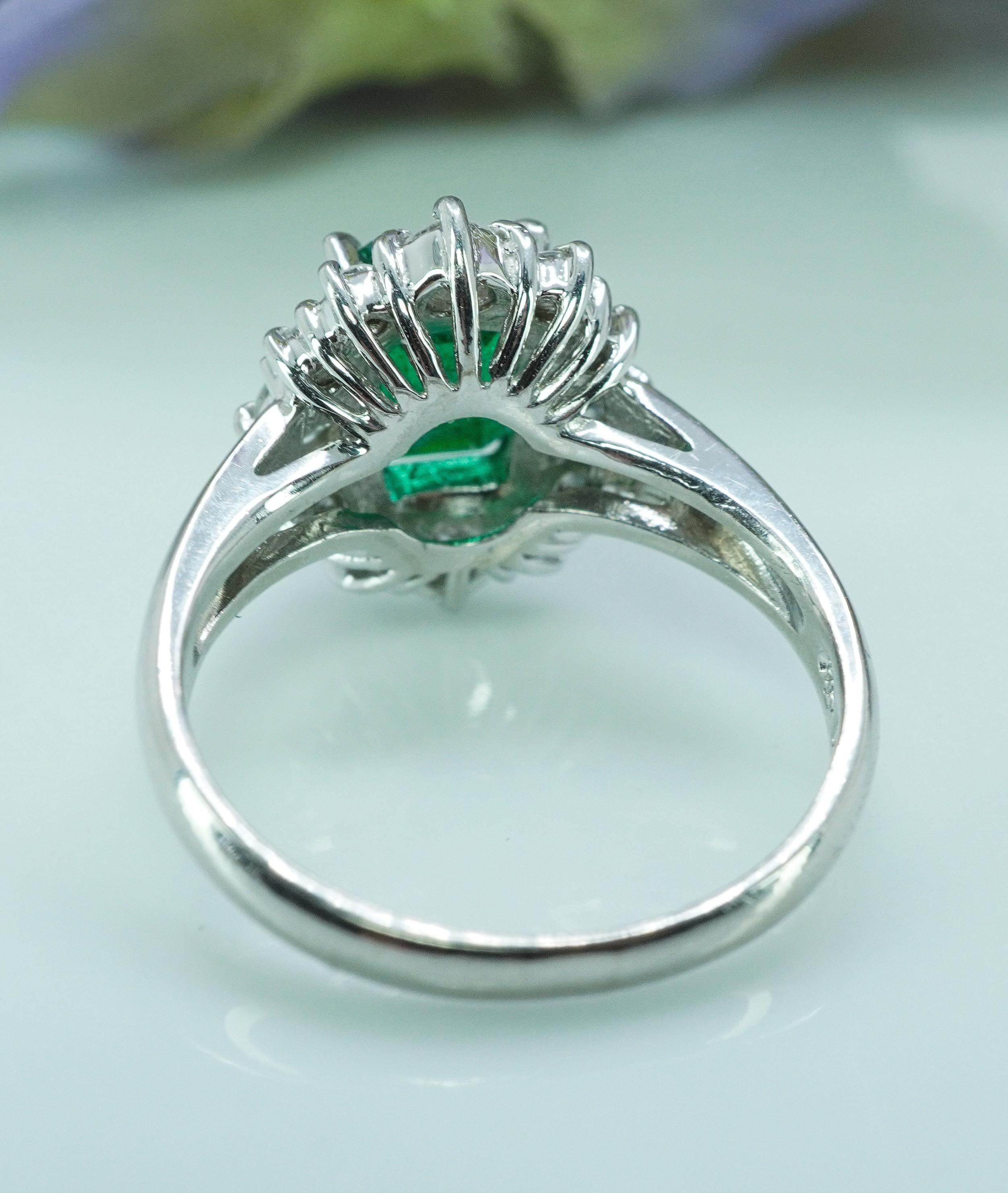 Vintage Platinum Emerald Diamond Halo Ring Designer Signed H Estate Jewelry For Sale 2