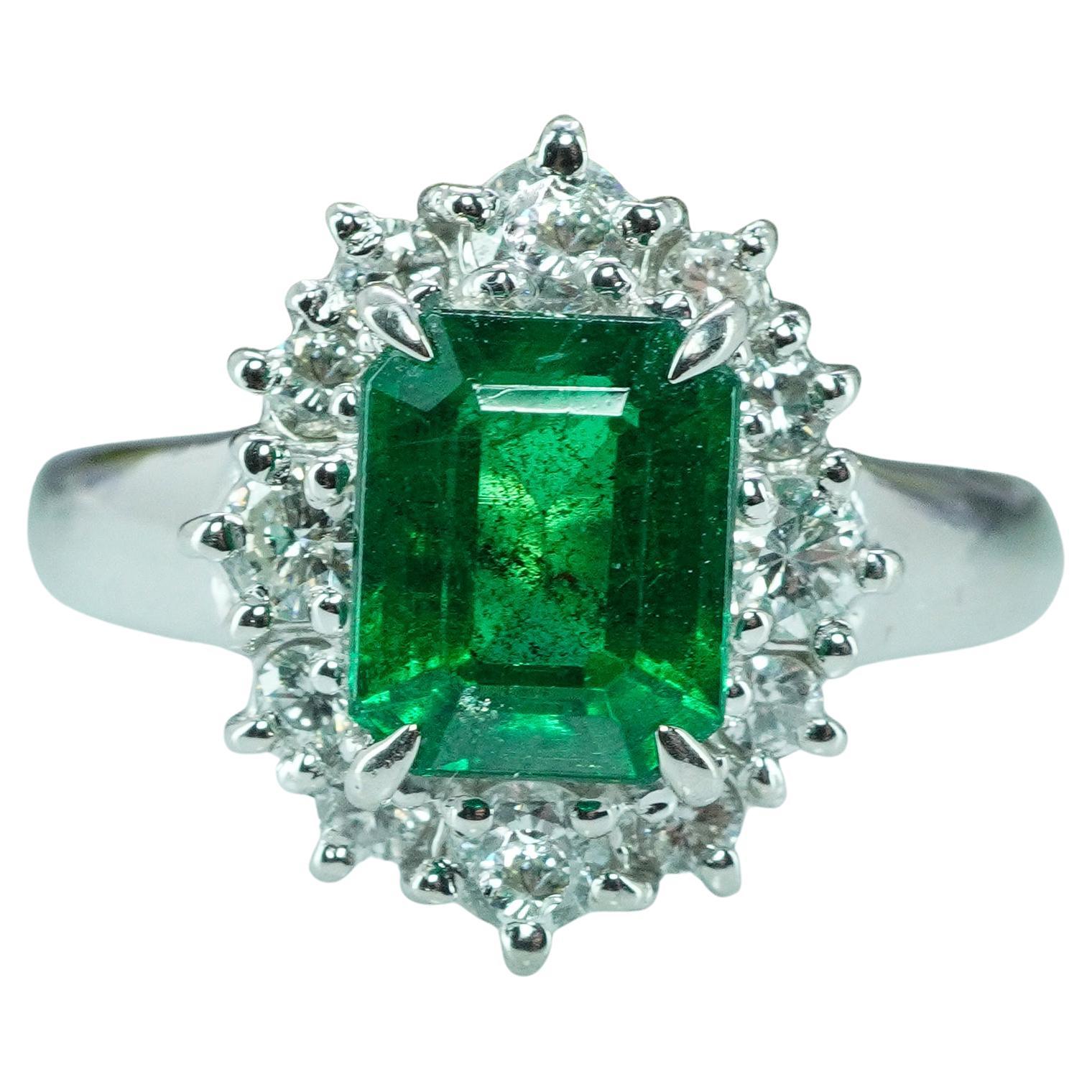 Vintage Platinum Emerald Diamond Halo Ring Designer Signed H Estate Jewelry