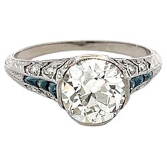 Vintage Platinum Engagement Ring 2.1ct Old European Diamonds and Sapphire GIA