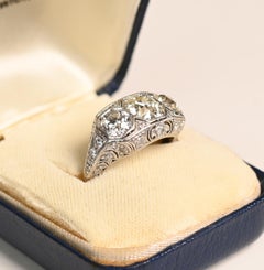 Art Deco Three Stone Engagement Ring. 3TCW Old Euro Diamond Three Stone Ring JVS