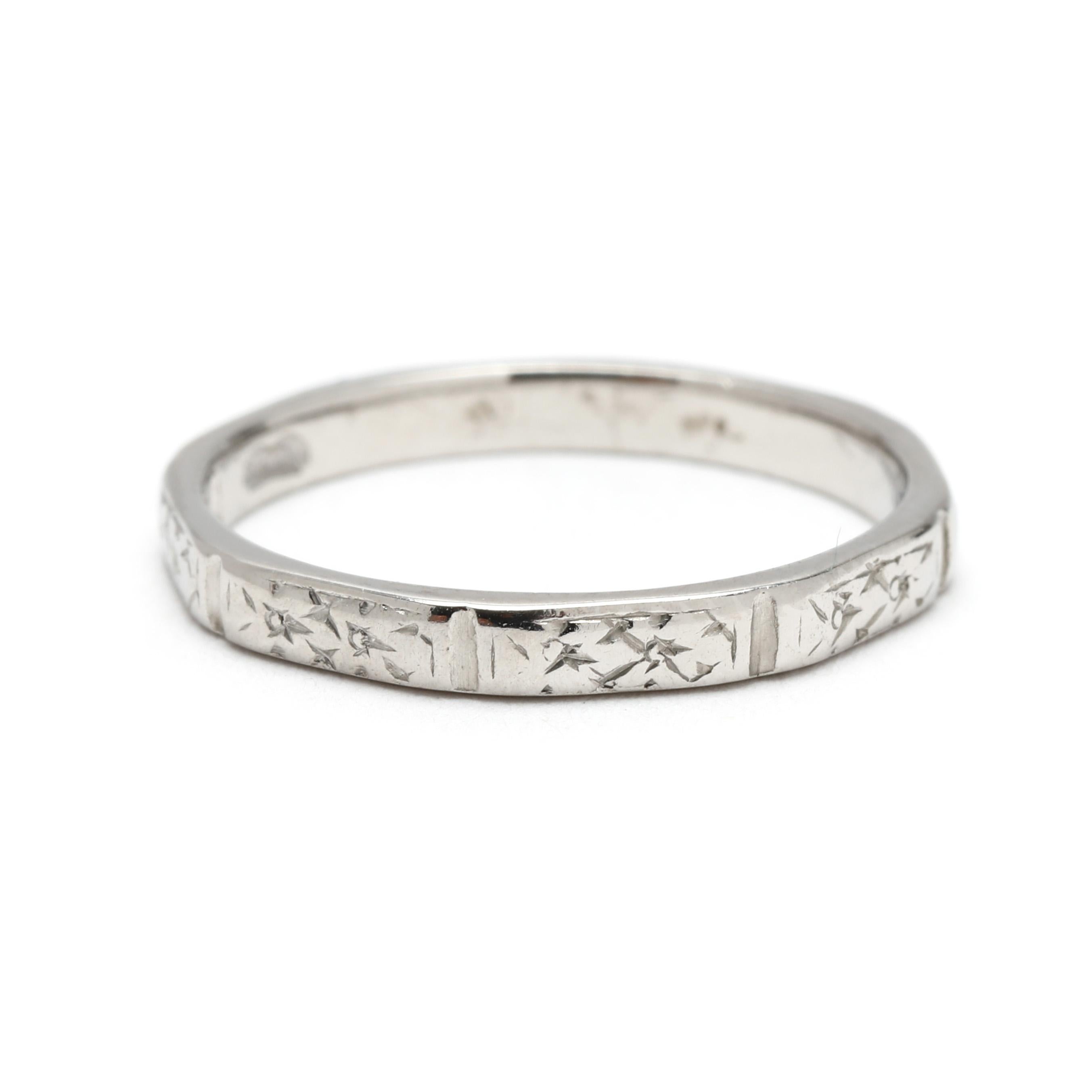 Vintage Platinum Engraved Band Ring, Ring Size 4.75, Stackable In Good Condition For Sale In McLeansville, NC