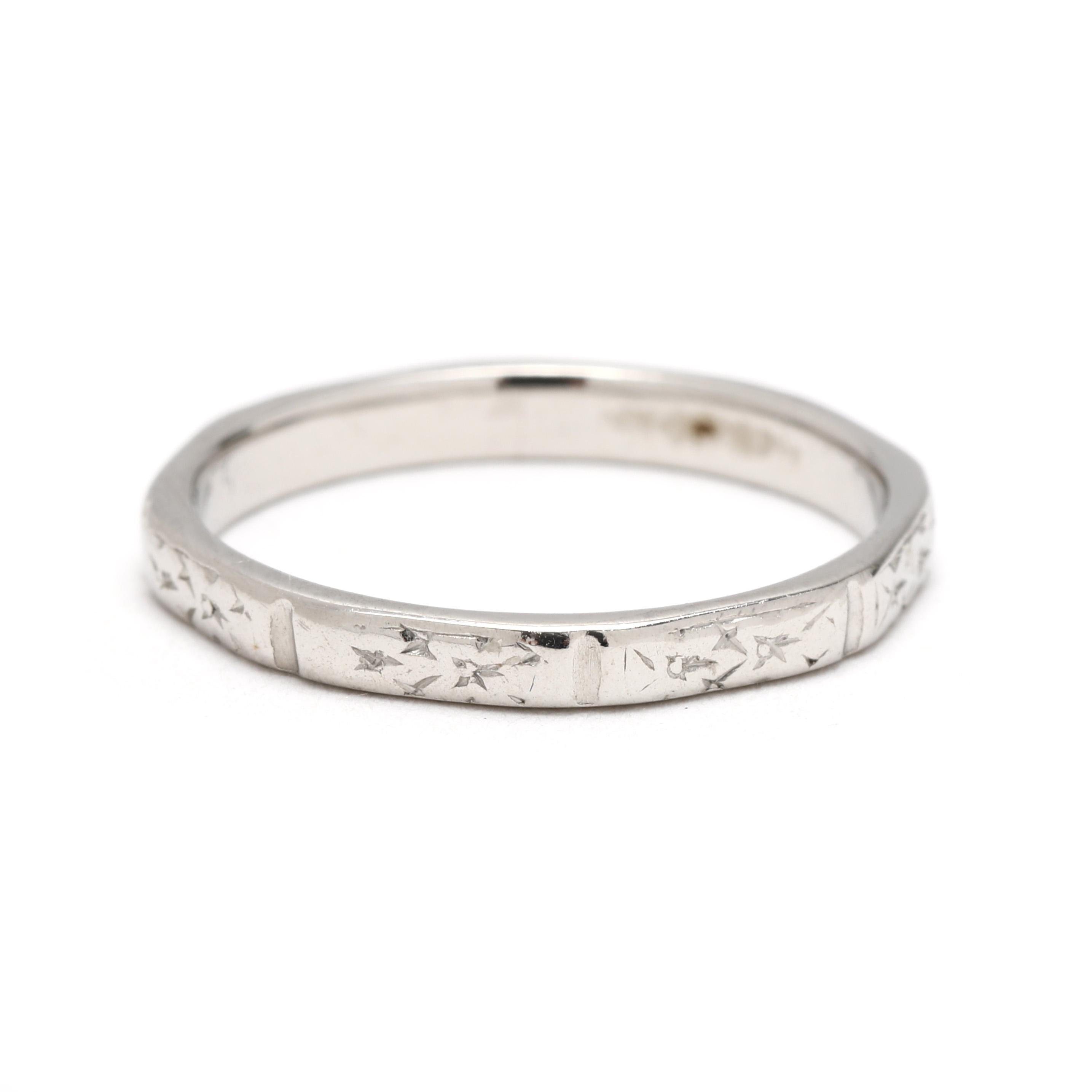 Women's or Men's Vintage Platinum Engraved Band Ring, Ring Size 4.75, Stackable For Sale