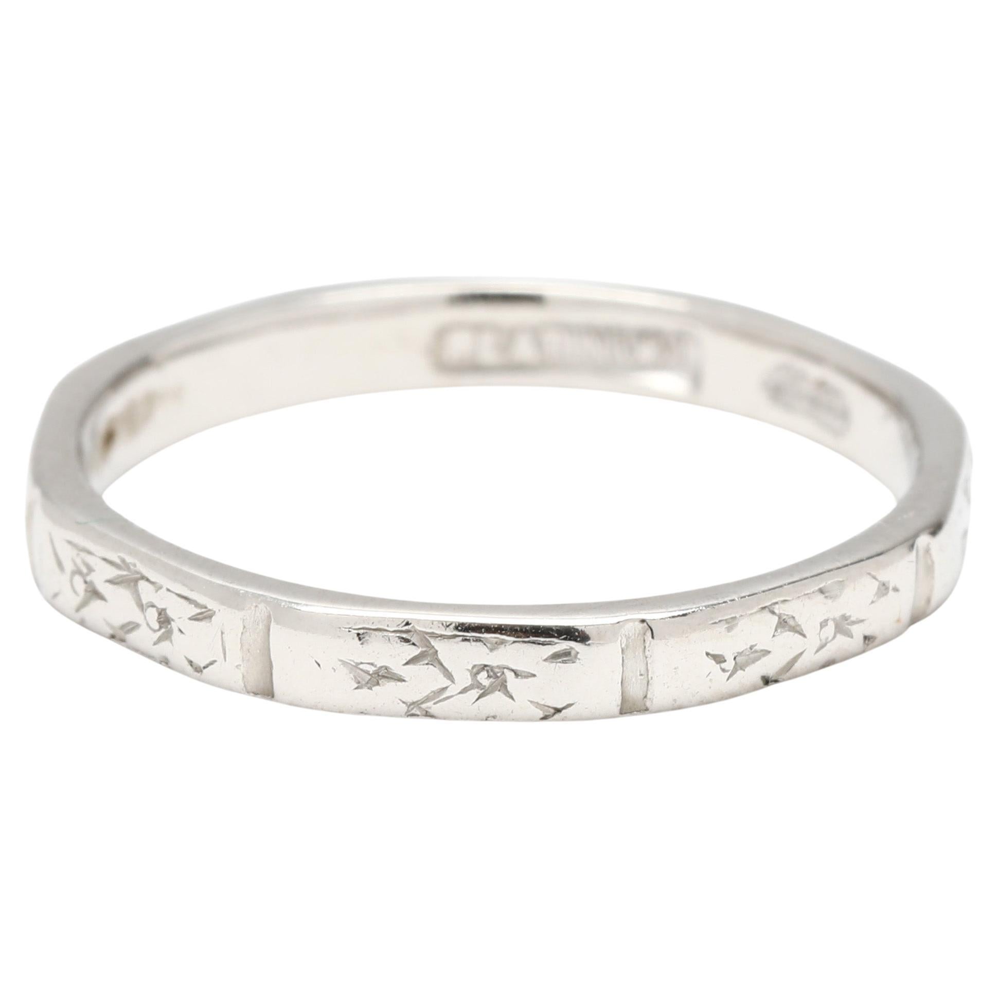 Vintage Platinum Engraved Band Ring, Ring Size 4.75, Stackable For Sale