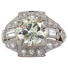 Vintage Platinum European Cut Center W/ Baguette & Round Cut Diamonds Ring