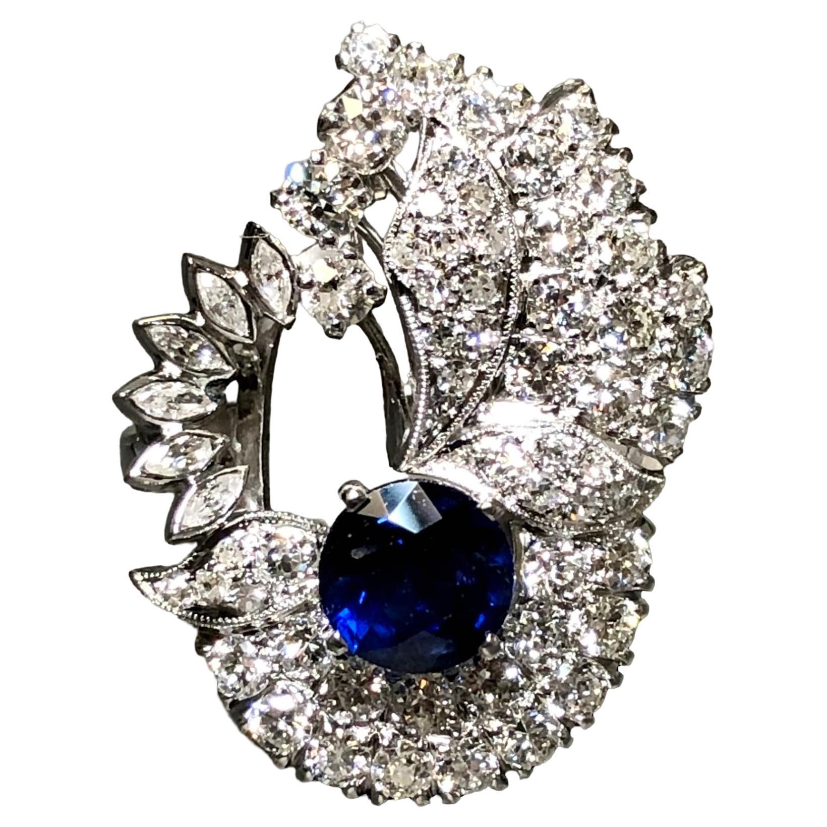 Vintage Platinum European Mine Diamond Sapphire Freeform Cocktail Ring Sz 7.25 For Sale