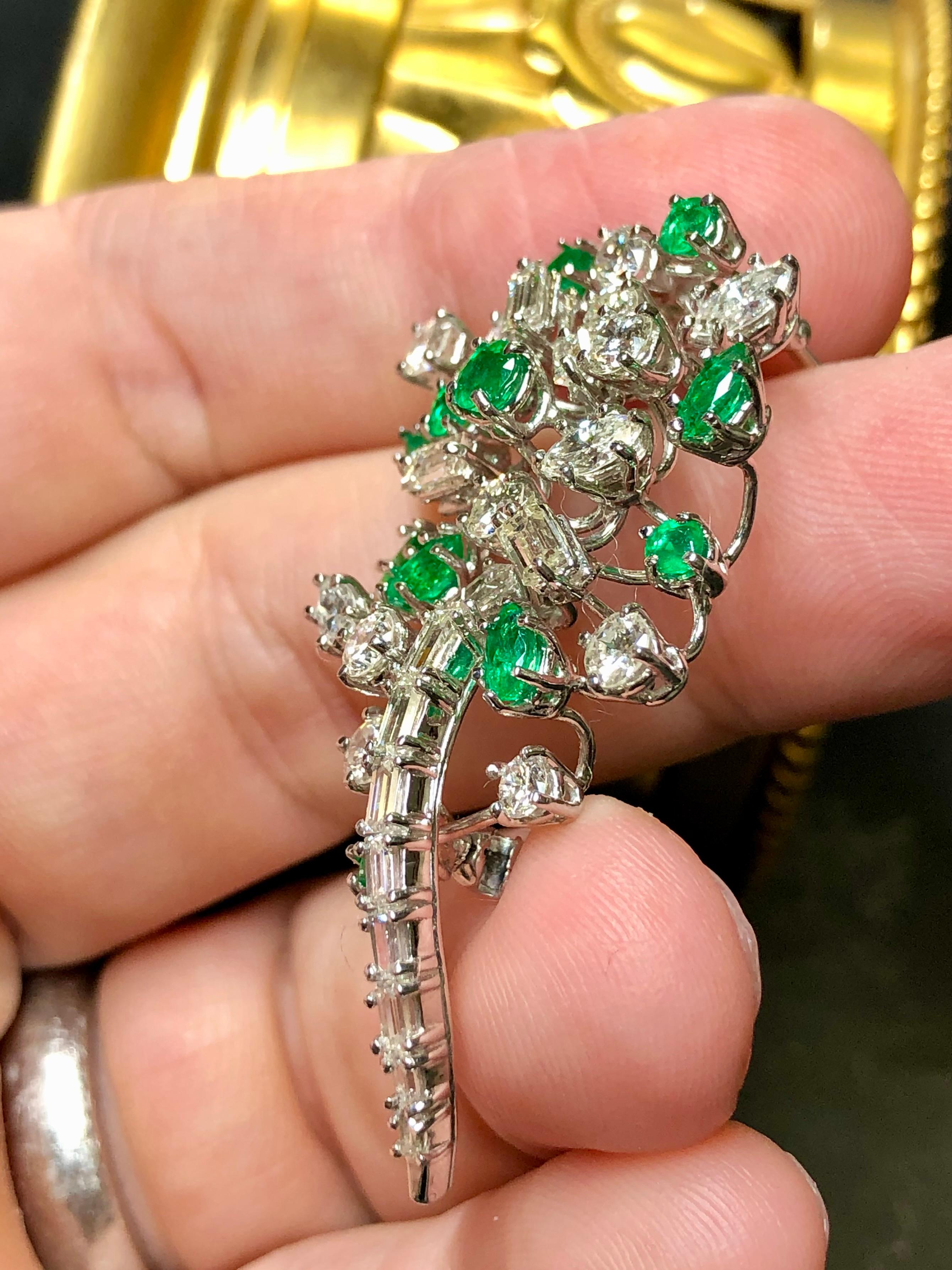 Emerald Cut Vintage Platinum Fancy Diamond Emerald Spray Brooch Pin 5.80cttw G Vs For Sale