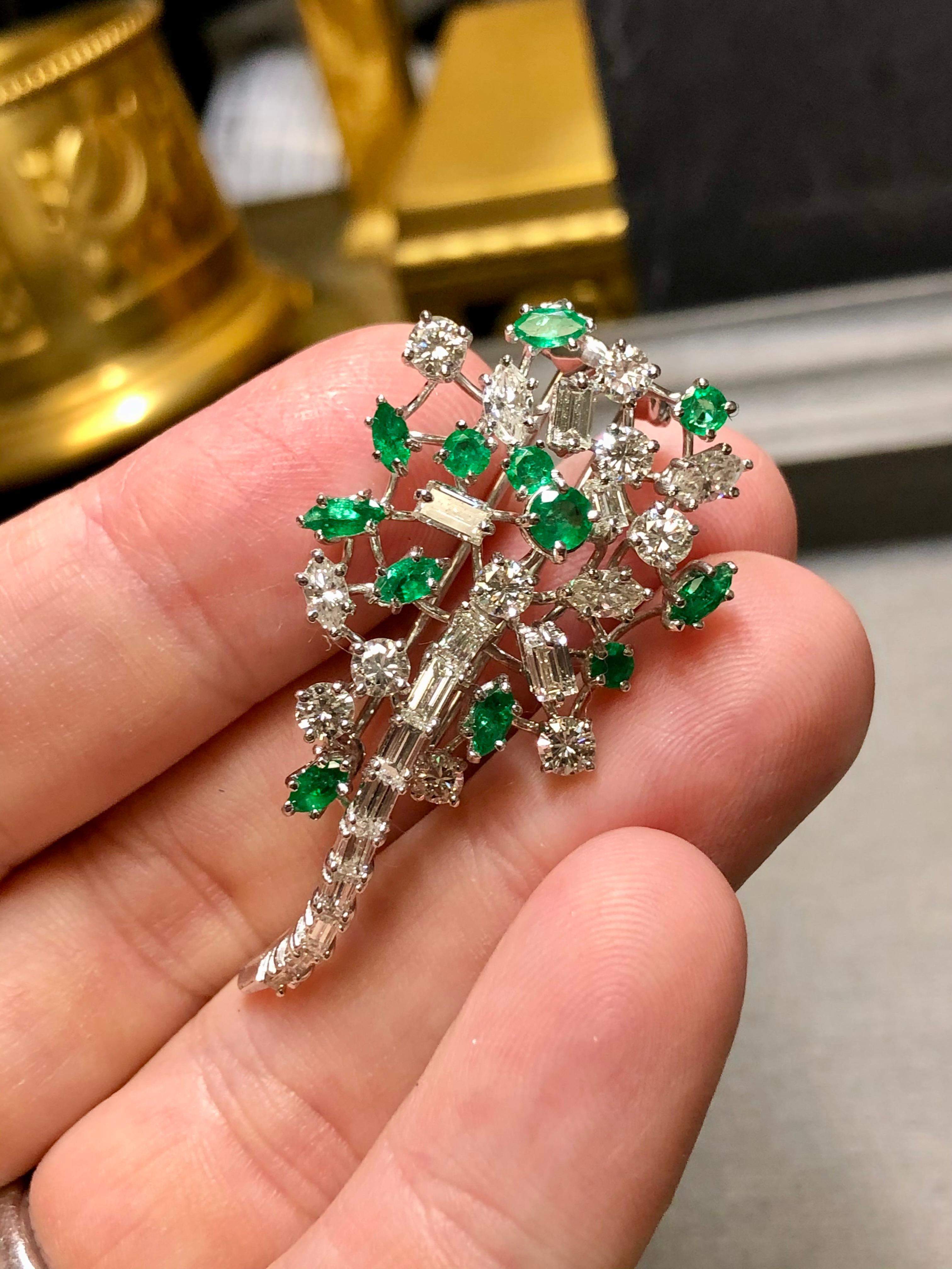 Women's or Men's Vintage Platinum Fancy Diamond Emerald Spray Brooch Pin 5.80cttw G Vs For Sale